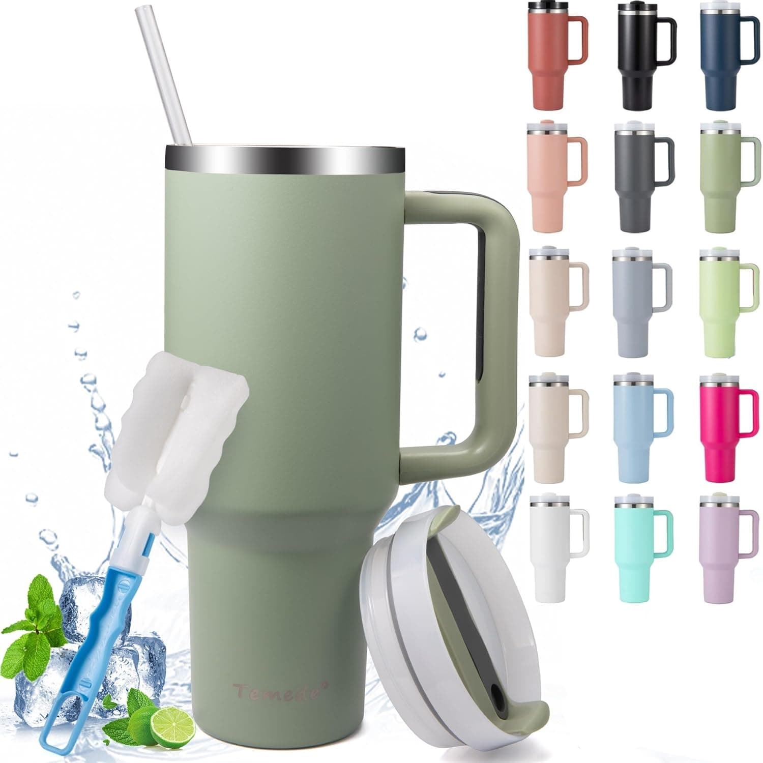 Temede | Caneca térmica com asa e palhinha em inox de parede dupla 1180 ml para bebidas quentes e frias
