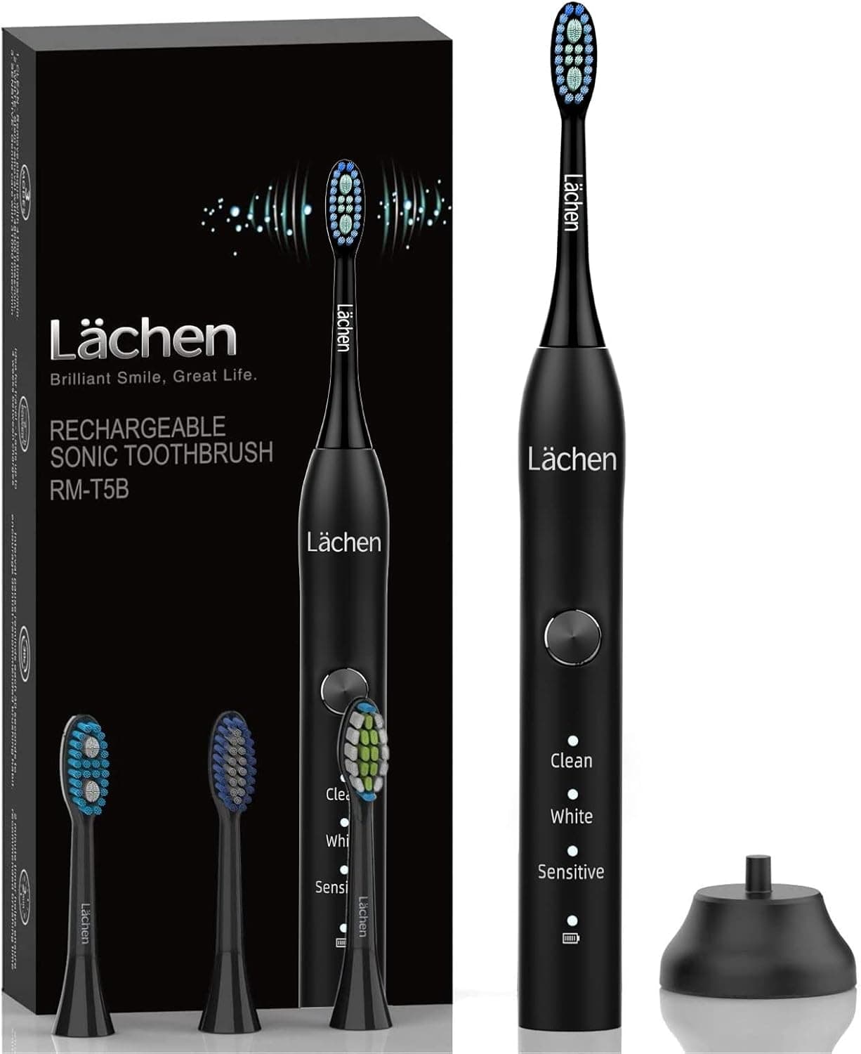 Lächen Escova de dentes elétrica escova de dentes sónica com, 3 modos de escovagem, 4 cabeças de substituição, temporizador de 2 minutos, carregamento rápido de USB, por 60 dias, IPX7 impermeável