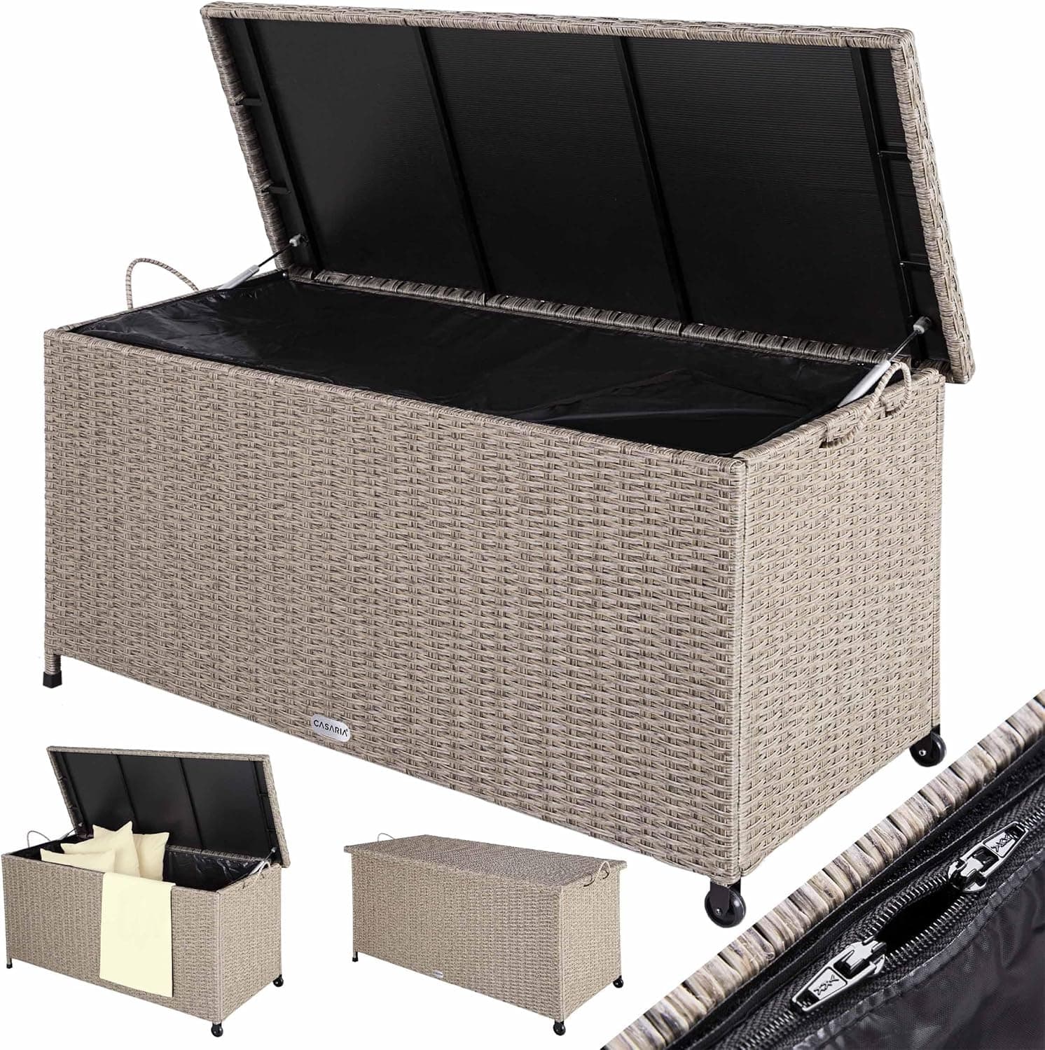 CASARIA® Cofre de armazenamento exterior XXL, 270 l, 117 x 53 x 60 cm, polirattan bege 2 rodas e asas de jardim