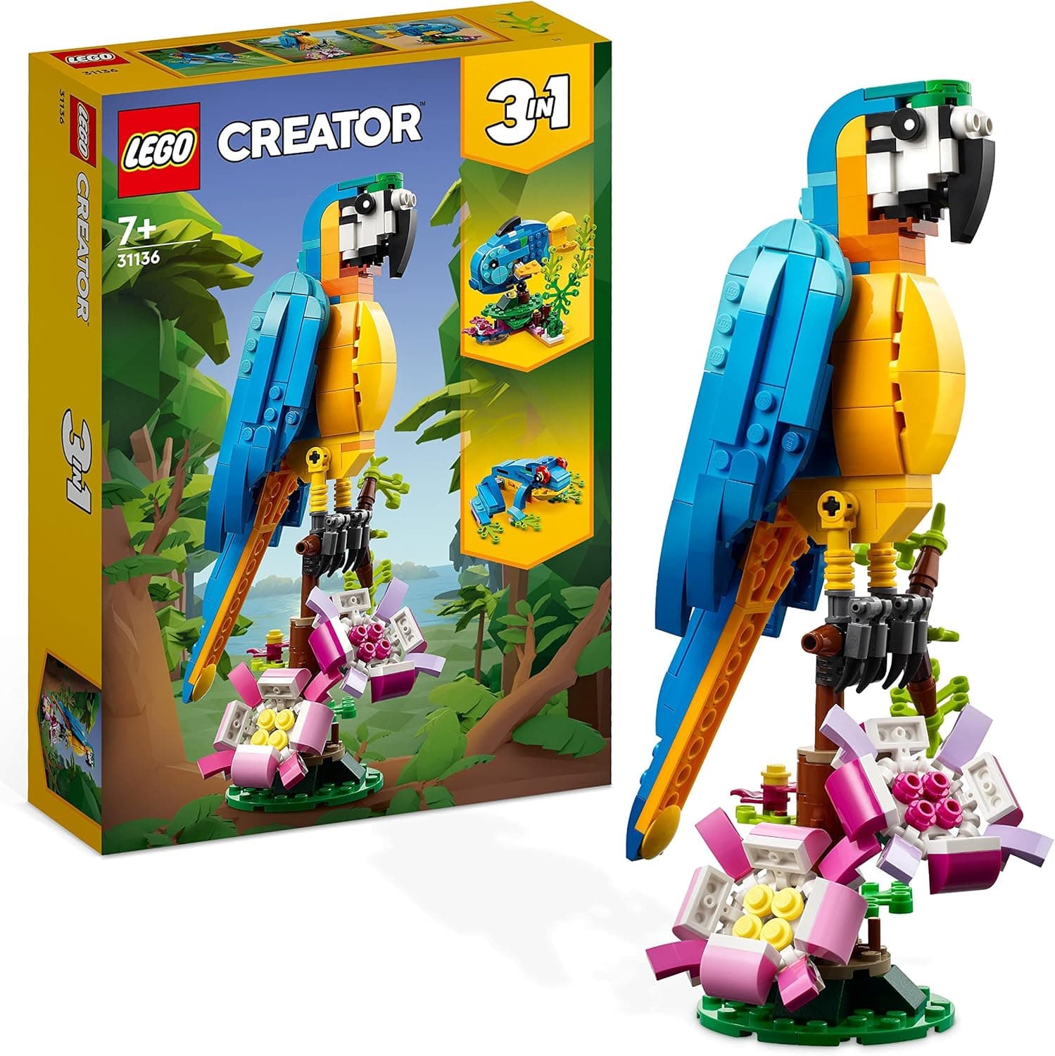 Lego Creator 3 em 1 papagaio exótico, peixes ou rã, figuras de animais de brinquedo para construir, presente para meninos e meninas de 7 anos ou mais, jogo criativo 31136