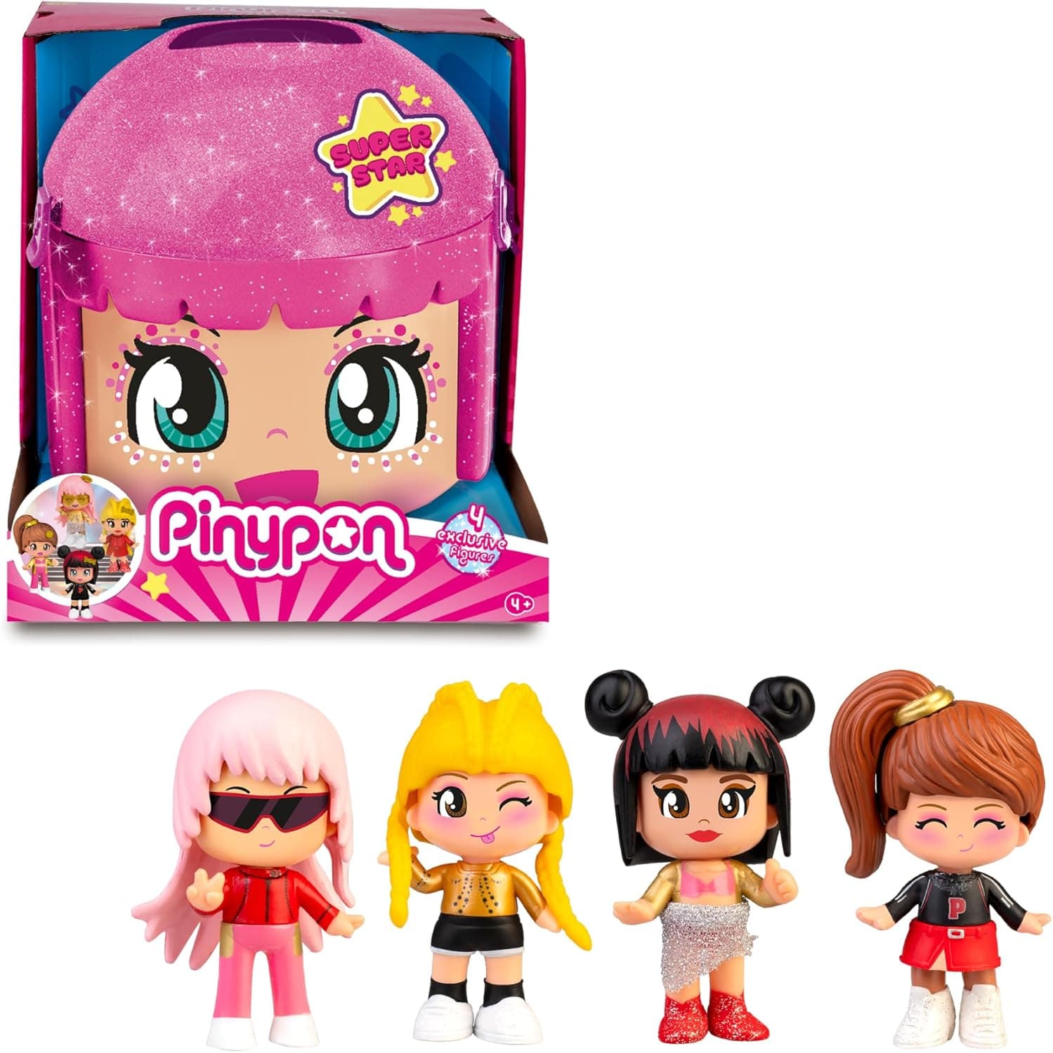 Pinypon - Super Star, edição exclusiva de pinos com 4 figuras, recipiente com compartimentos para encomendar acessórios, figuras com penteados e outfits estilosos, crianças + 4 anos, famosa (PNY72000)