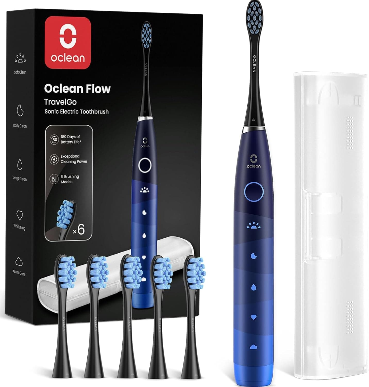 Oclean Escova elétrica sónica TravelGo FlowSet, recarrega a cada 180 dias, 5 modos, IPX7 impermeável, temporizador de 2 minutos, 6 cabeças de escova DuPont™, estojo de viagem