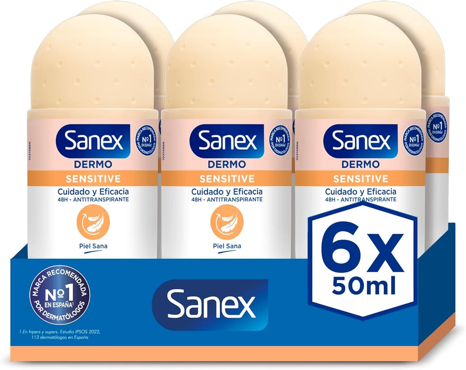 Sanex Dermo Sensitive Desodorante Roll-On, 6 unidades x 50 ml, anti-transpirante, até 48H de proteção contra o suor e o odor, suave com a pele sensível, restaura o pH natural da pele