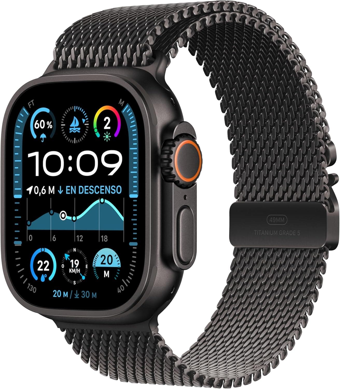 Apple Watch Ultra 2 GPS Cellular Smartwatch, relógio desportivo com caixa de titânio preto resistente de 49 mm e pulseira Milanese Loop em titânio preto