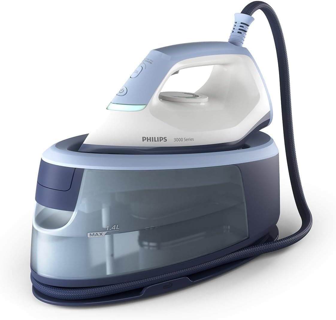 Philips Vaporizador série 3000, 2400 W, vapor contínuo de 120 g/min, golpe de vapor 350 g, rápido e potente, vapor vertical, depósito de 1,4 l, sola de cerâmica, Deep Azur (PSG3000/20)
