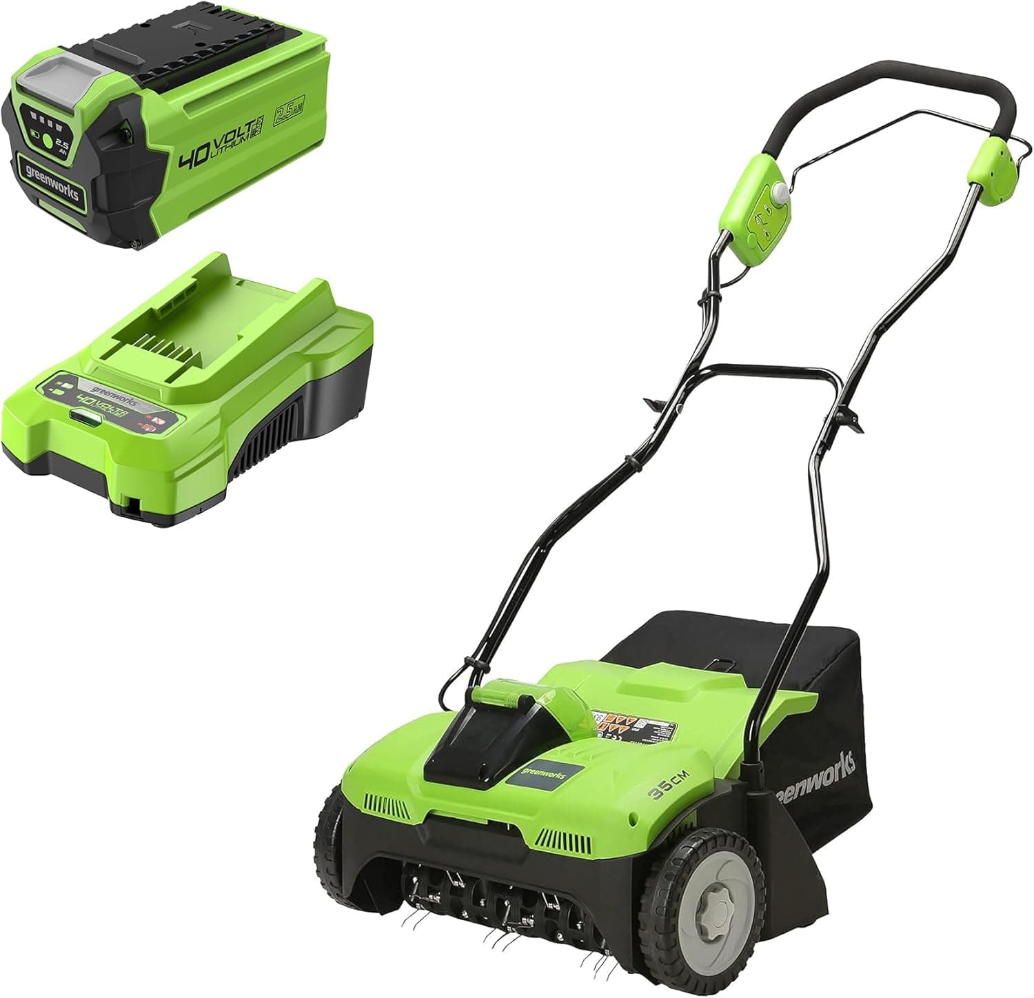 Greenworks Relva escarificada de bateria (Li-Ion 40 V 36 cm largura trabalho 3600 rpm, 20 molas aço de 76 mm de profundidade saco de recolha de 30 l. Inclui bateria e carregador) G40DT35K25