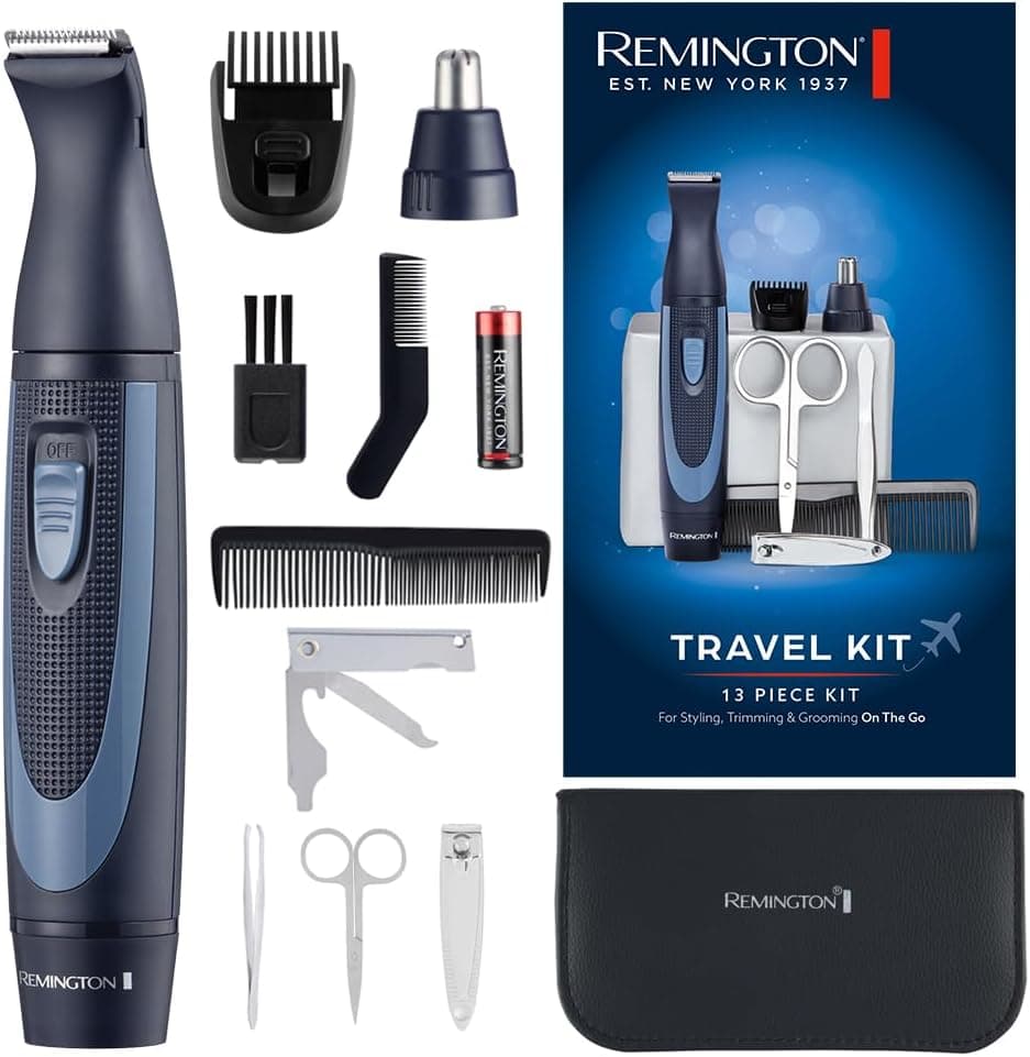 Remigton NE3890 Corta-pelos nariz e orelhas, 2 acessórios, cortador de precisão, lâminas de aço inoxidável, operação com pilhas, kit de 13 componentes, com estojo