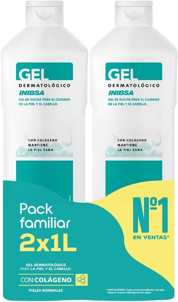 INIBSA Gel de banho dermatológico, para cuidados com a pele e o cabelo, poupança pack dermatológico, 2 L (embalagem de 2 x 1 l)