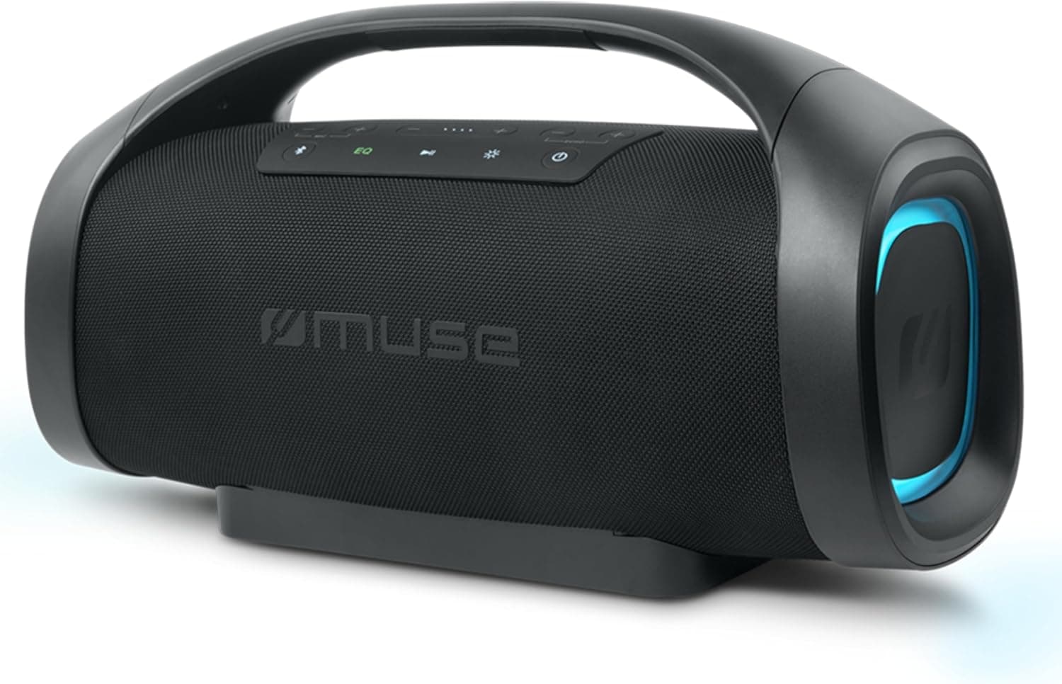 MUSE M-980 BT. Altifalante Bluetooth portátil com saída de 300 W. Par estéreo IPX6. Ajuste de graves e agudos. Display indicador de carregamento da bateria, USB, entrada Aux. 2 x Mic Jacks. Cor preta