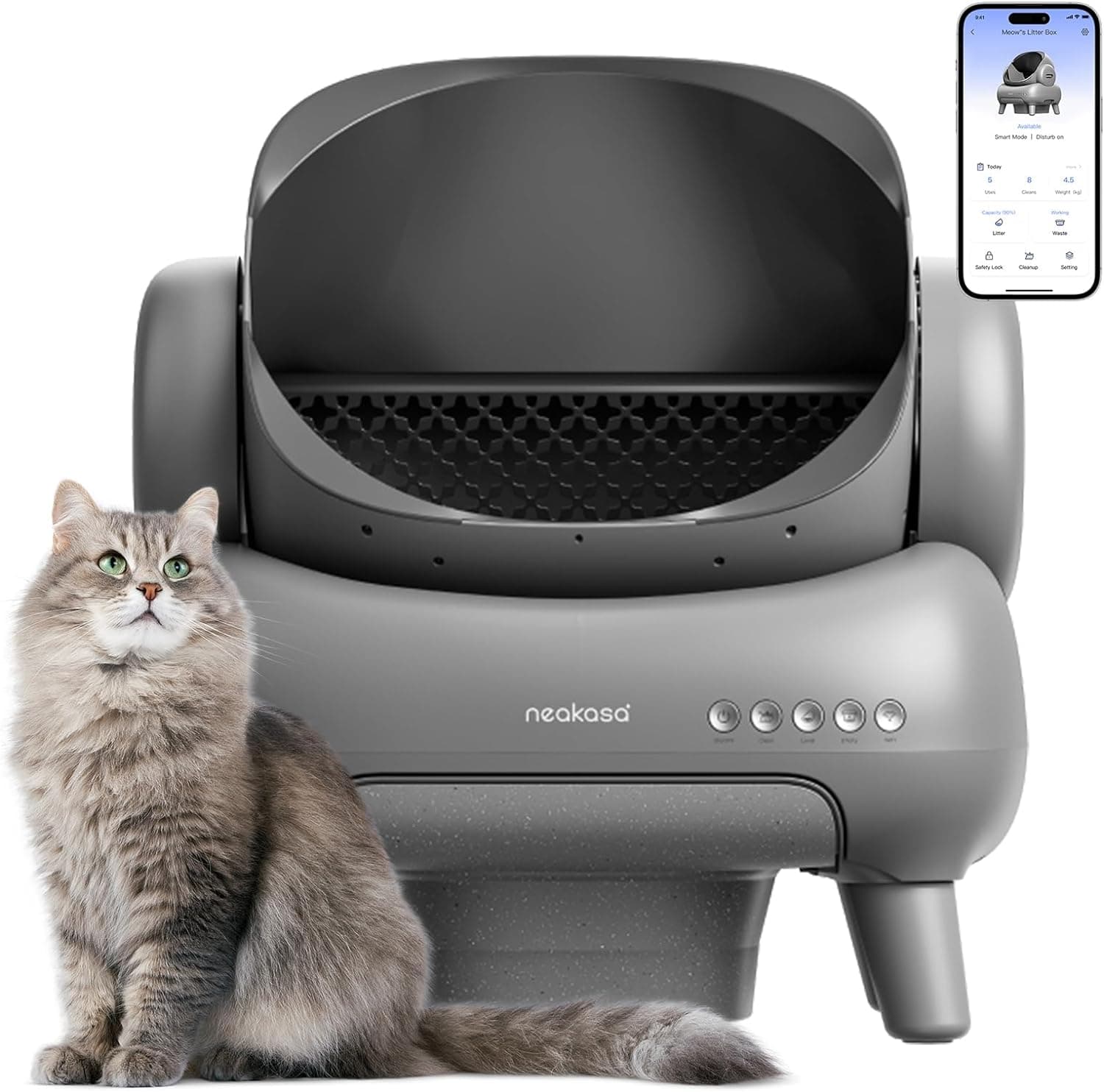 Neakasa M1 Areia de gato auto-limpeza com parte superior aberta, bandeja de areia automática para gatos com controlo de aplicação, eliminação de resíduos sem odor,
