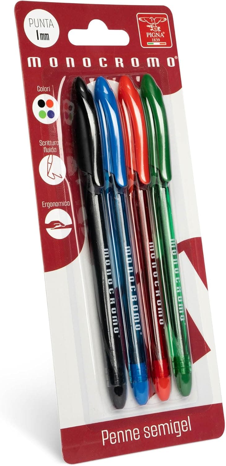 Pigna Monochrome Line | Conjunto de 4 canetas esferográficas semi-gel com escrita suave em preto, azul, vermelho e verde