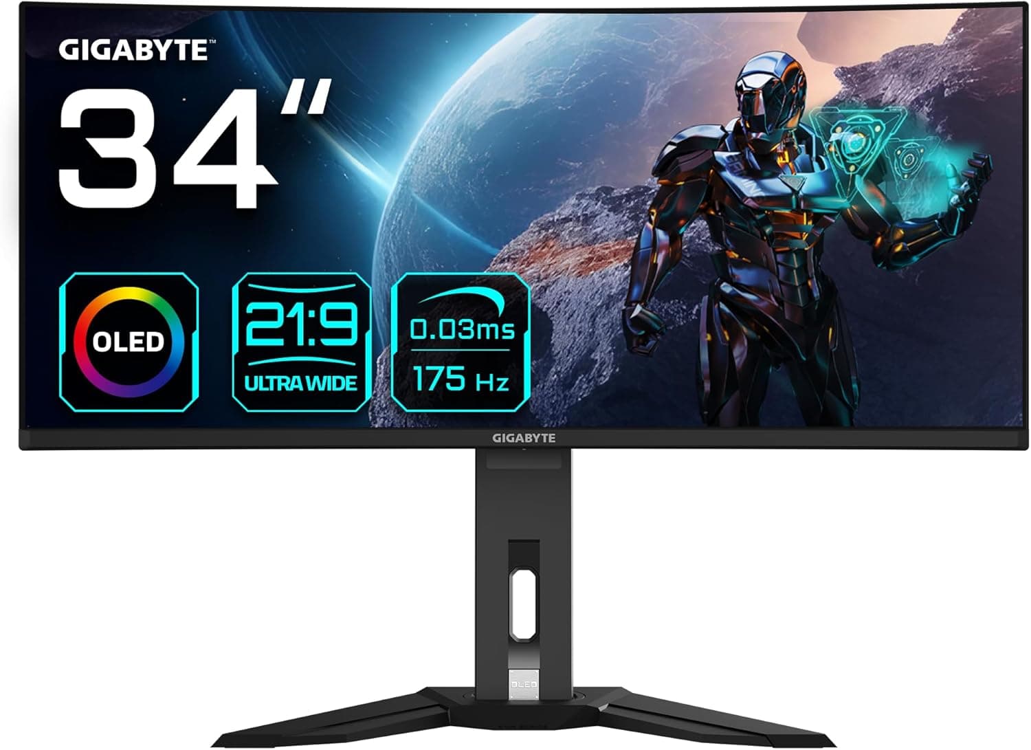 Gigabyte Monitor de jogos curvo OLED WQHD MO34WQC de 34", 3440 x 1440, 175 Hz, 0,03 ms, KVM, 250 CD/m², FreeSync Premium Pro, DisplayHDR True Black 400000000 0, HDMI 2. 1, Displayport 1.4