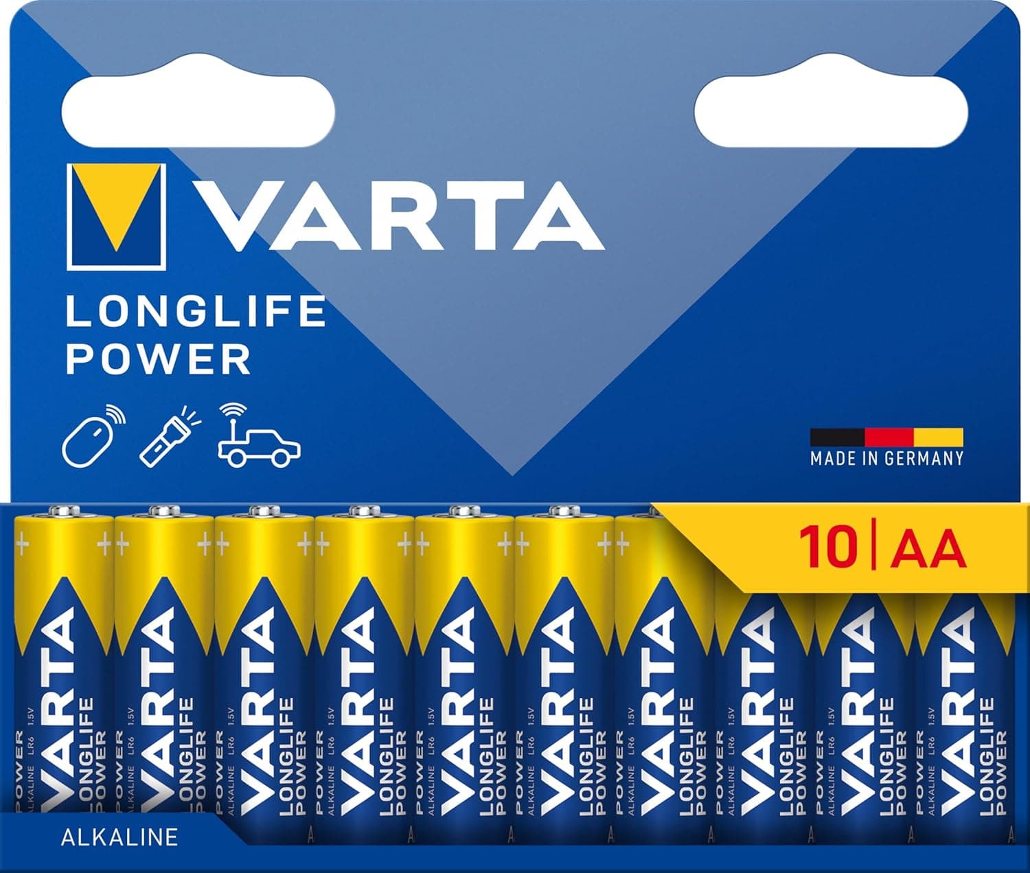 VARTA Longlife Power Pilhas alcalinas AA (10 unidades, 1,5 V, ideal para câmara digital, controlador, monitor de pressão arterial embalagem sem plástico)