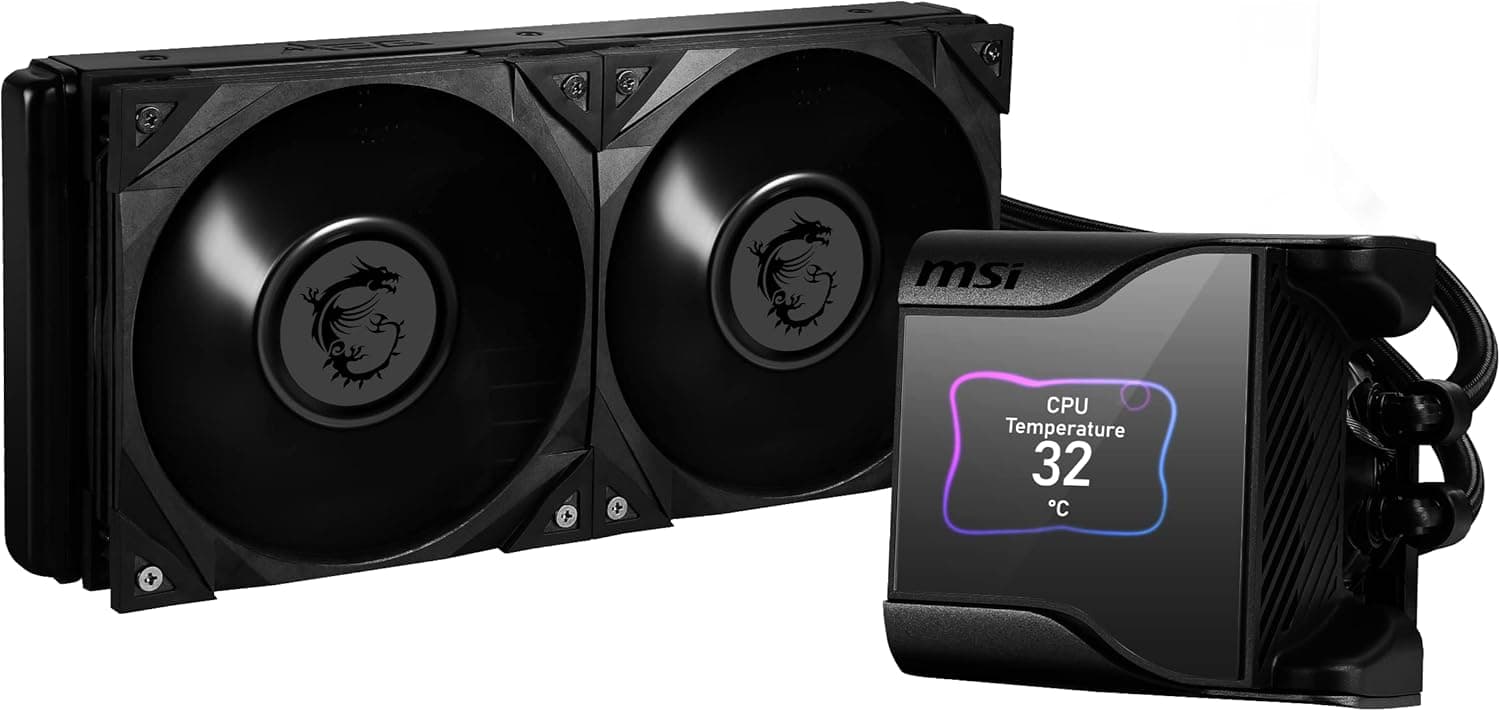MSI MEG CORELIQUID S280 Refrigeração líquida AIO CPU - ecrã IPS 2,4", bomba Asetek 7 ma Gen, Fan VRM, 2 fãs Silent Gale P14, tubos anti-vaporação, MSI Center personalizável - suporta AMD e Intel