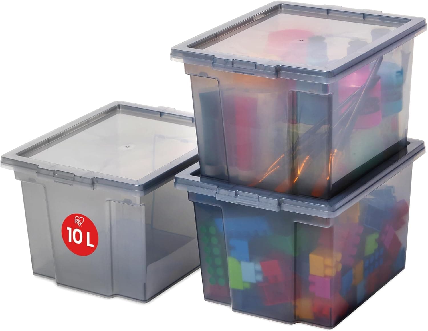 Iris Ohyama 3 Caixas de armazenamento de plástico versáteis com tampa, 10 l, cinzento, fecho fácil, empilhável, durável, para armário, prateleira, sala de aula, organizadora, roupa, sapatos, livre de