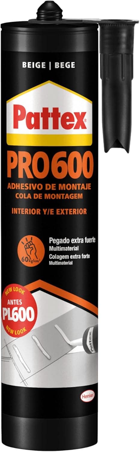 Pattex PRO600 Adesivo de montagem à base de solvente, cola forte de aderência imediata, cola extra forte resistente à água para interiores e exteriores, 300 ml