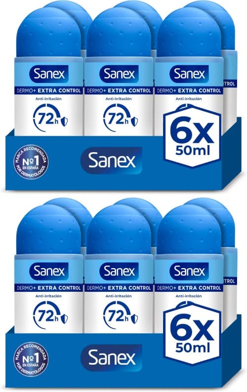 Sanex Dermo+ Extra Control | Desodorizante antitranspirante roll-on proteção 72 horas sem álcool, pack de 6 x 50 ml