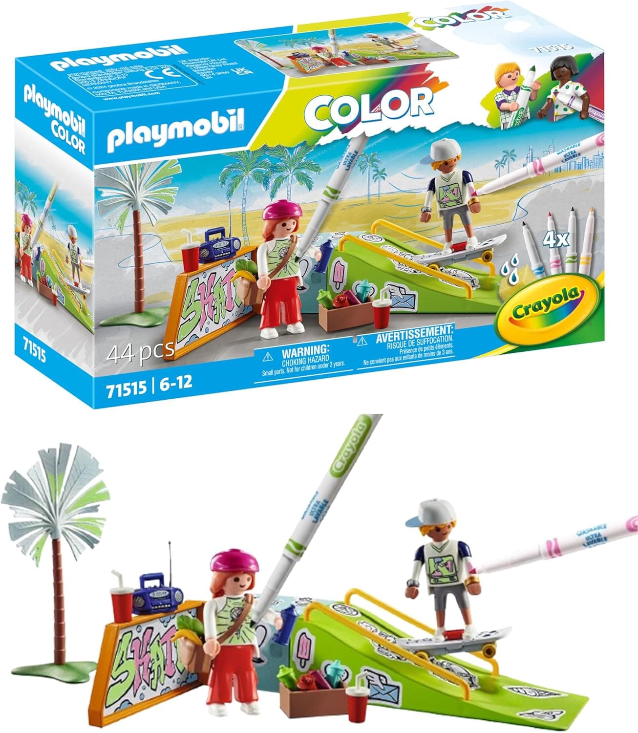 PLAYMOBIL Cor 71515 Skatepark, Acrobacias em skate, com canetas e acessórios solúveis em água, brinquedos para meninos e meninas a partir de 6 anos