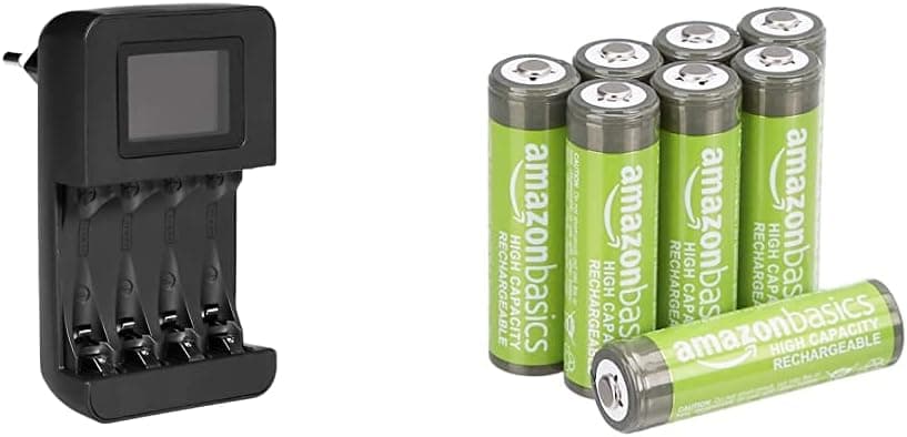 Carregador de pilhas inteligente e digital da Amazon Basics para 4 pilhas AA conjunto de 8 pilhas recarregáveis AA Ni-MH