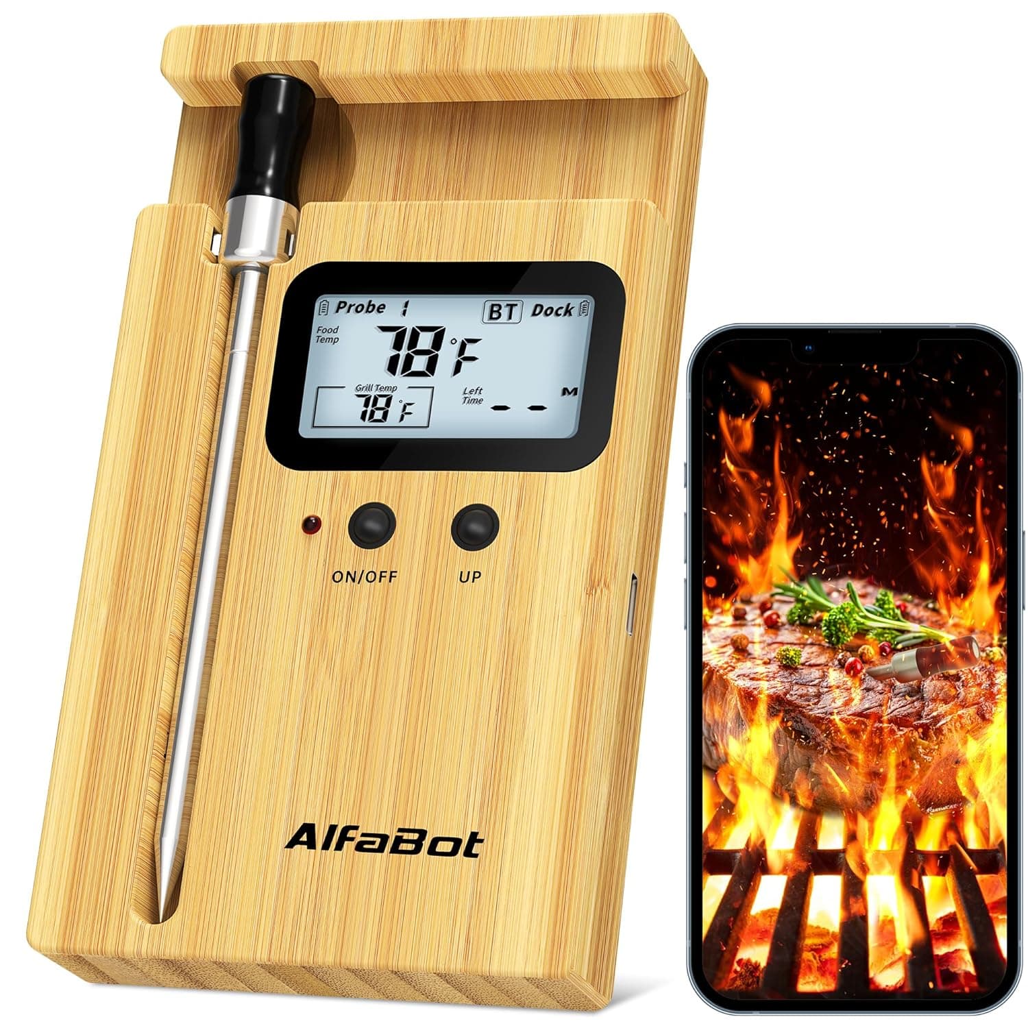 AlfaBot K2 Termómetro sem fios para carne, termómetro de carne inteligente, sem fio, 160 m, Bluetooth, termómetro para churrasco, fumador, assador Airfryer, controlo de APP