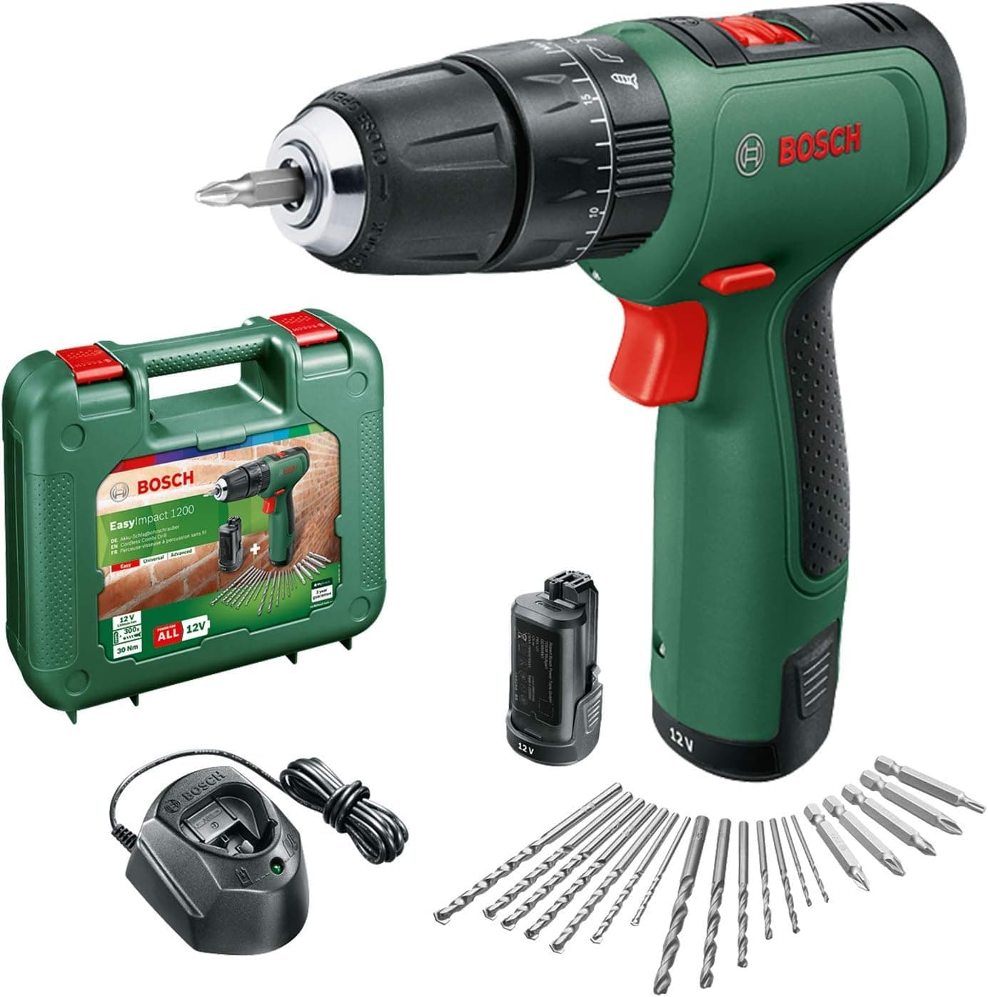 Bosch Broca de percussão a bateria EasyImpact 1200 (2 baterias, sistema de 12 V, 19 acessórios, em mala de transporte)