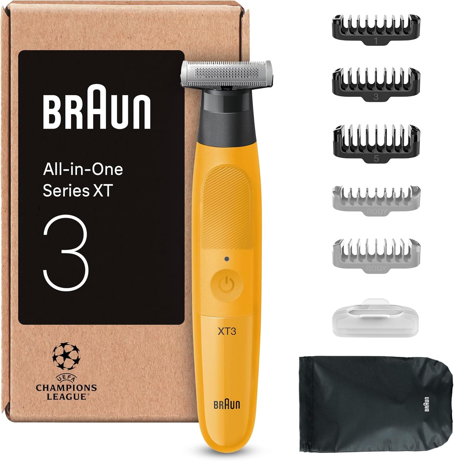 Braun Series XT3 XT3205, máquina de barbear elétrica tudo em um, 7 acessórios de Styling, corta-pelos homem resistente à água, lâmina afiada Flex 4D, 45 min de automonomia, corta e barbear, amarelo