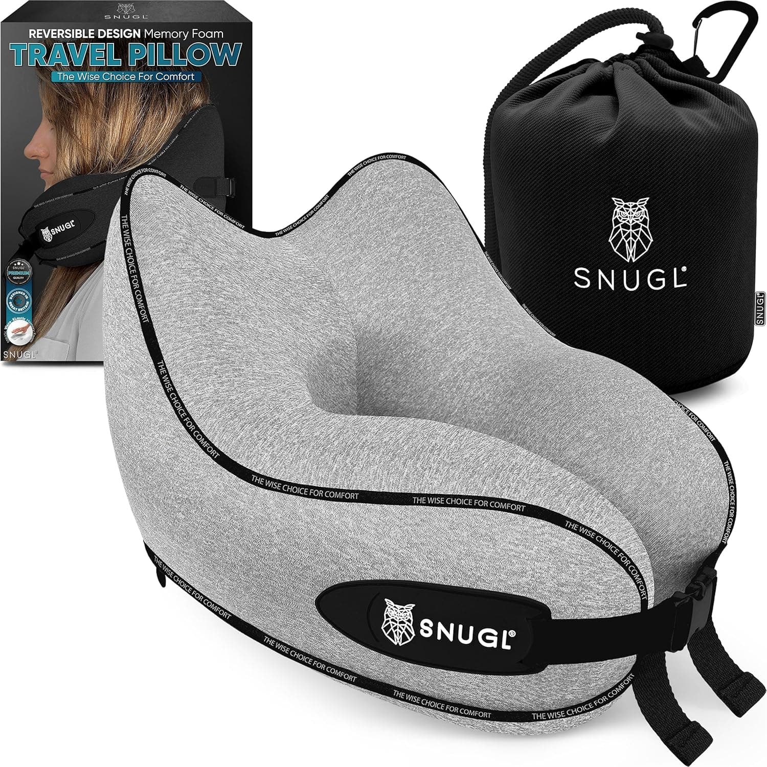 SNUGL Almofada de viagem almofada cervical de espuma viscoelástico - almofada de voo | suporte para pescoço em viagens, almofada de viagem para avião com bolsa de transporte e clipe | (cinzento)