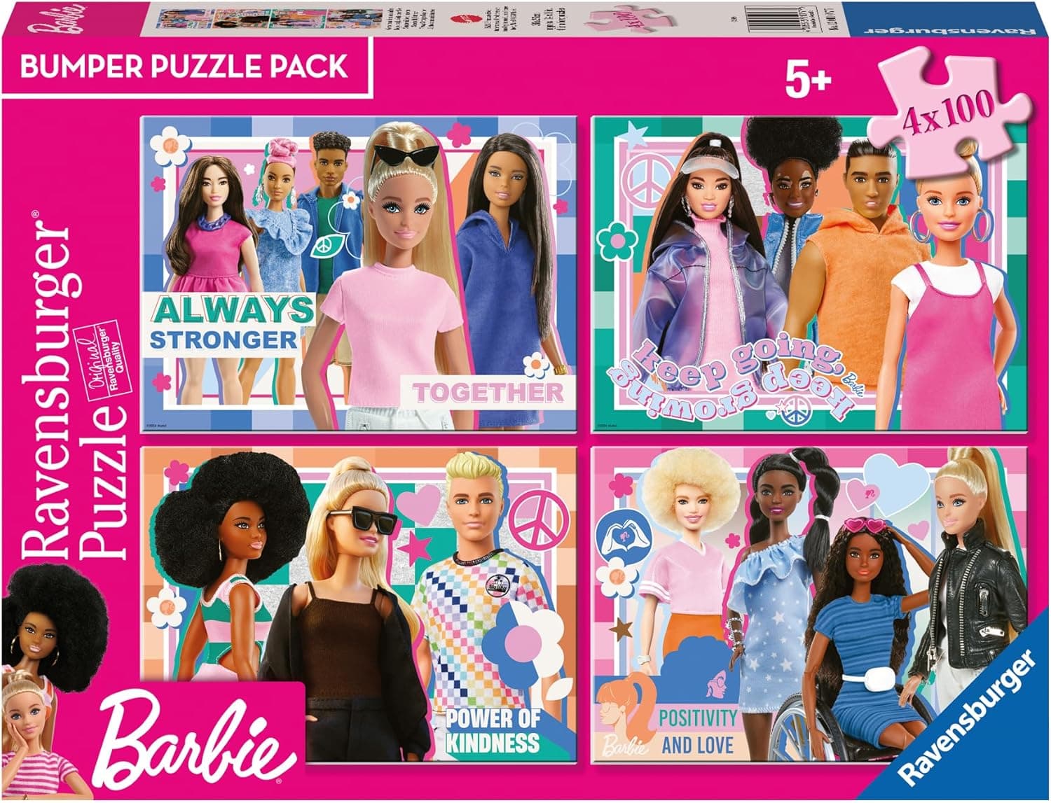 Ravensburger - Puzzle: Barbie e Ken, puzzle infantil 5 anos ou mais, 4 x 100 peças, quebra-cabeças, presentes crianças 5 anos, 36 x 26 cm