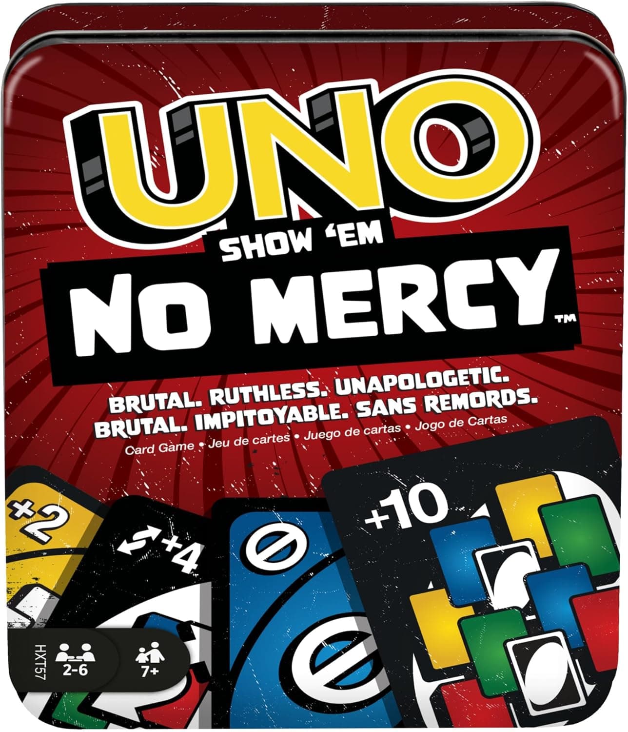 Mattel Games UNO No Mercy, Jogo de cartas com cartas adicionais, regras especiais e penalidades mais implacáveis, jogo de tabuleiro familiar, brinquedo presente para meninos e meninas +7 anos, HXT57