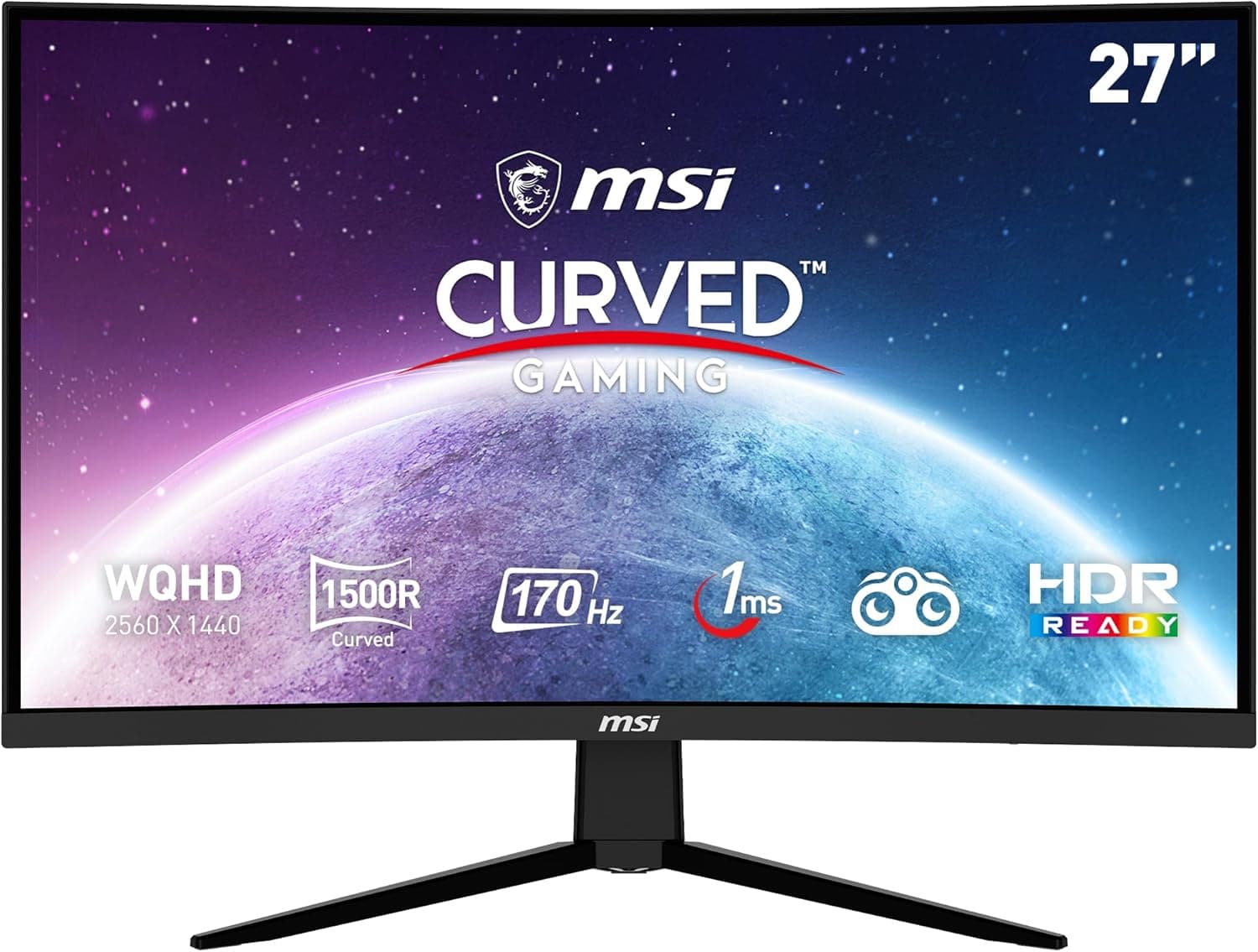 MSI G273CQ Monitor curvo para jogos de 27" WQHD (2560 x 1440), painel VA, 170 Hz/1 ms, AMD FreeSync Premium, HDR Ready, curva de 1500 R, cor preta