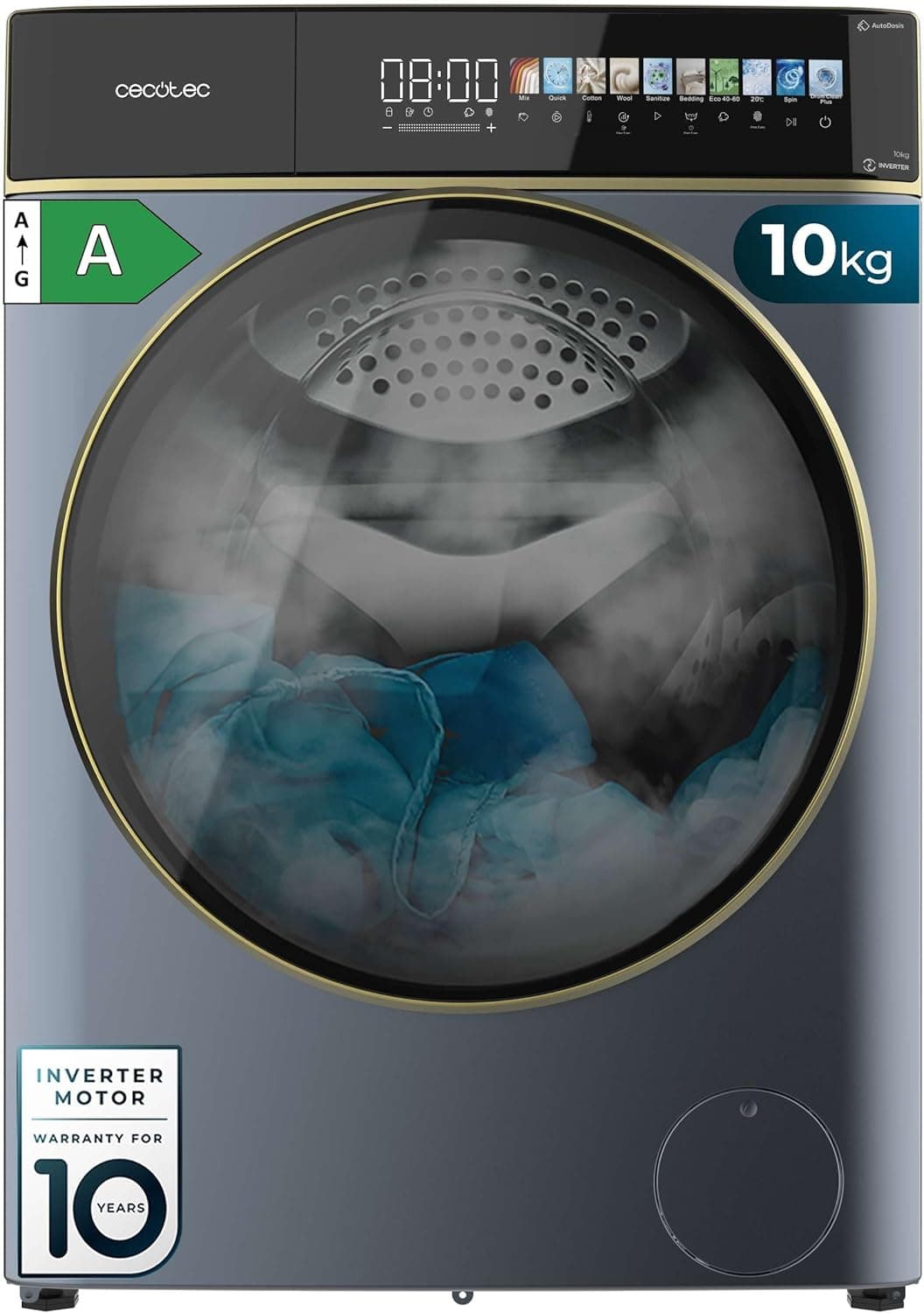 Cecotec Lavadora 10 kg carga frontal autodose Bolero DressCode 10900 autodose Inverter FullColor Ice Blue A. 1400 RPM, baixo consumo, ecrã FullColor de 10,3", 11 programas, motor Inverter Plus