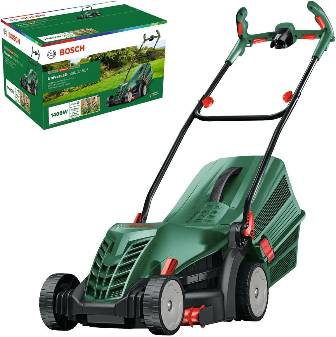Bosch corta-relvas com cabo UniversalRotak 37-555 (potência do motor de 1400 W, largura de corte: 37 cm, cesta coletora de 40 litros, alças Ergoflex)