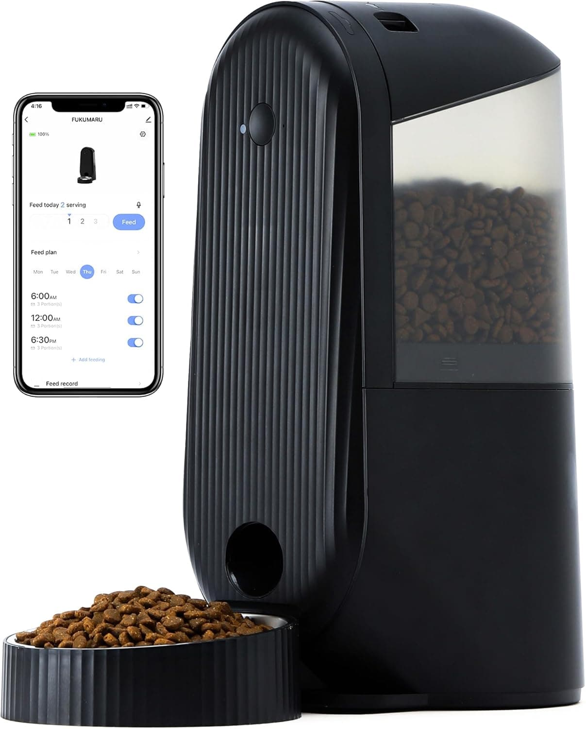 FUKUMARU Alimentador de gato automático WiFi, dispensador de comida para cão/gato, programa personalizado de alimentação automática, funcionamento por pilhas e cablagem elétrica, preto
