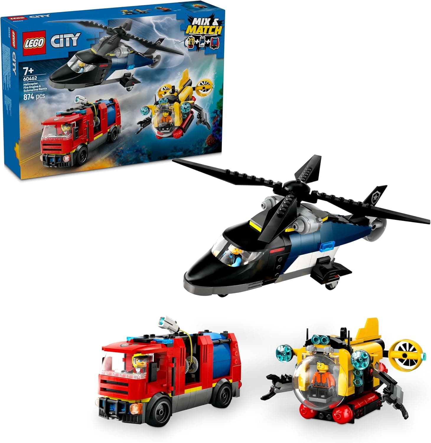 LEGO City 3 em 1 Remix: Helicóptero, camião de bombeiros e submarino de brinquedo, conjunto de 3 brinquedos de veículos modulares combinados e minifiguras