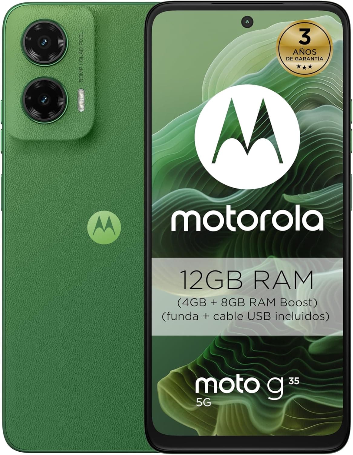 Motorola Moto g35 5G, 12 GB (4 GB + 8 GB RAM Boost)/128 GB verde, ecrã FHD 6,72 ", câmara dupla de 50 MP e ultra grande angular, Selfie 16 MB, bateria 5000 mAh, carregamento rápido de 18 W
