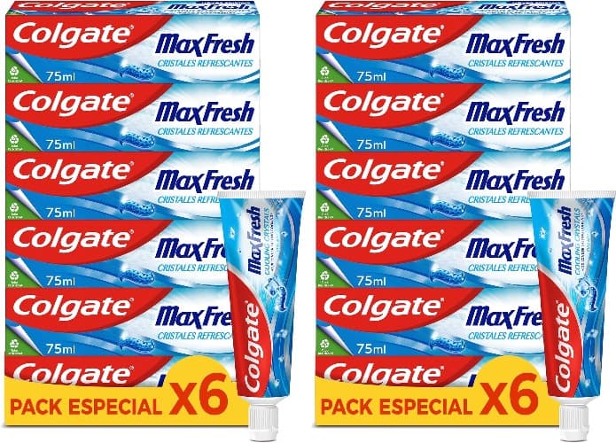 Colgate Max Fresh, pasta de dentes com cristais refrescantes, frescura durável, hortelã fresca, pack 6 x 75 ml