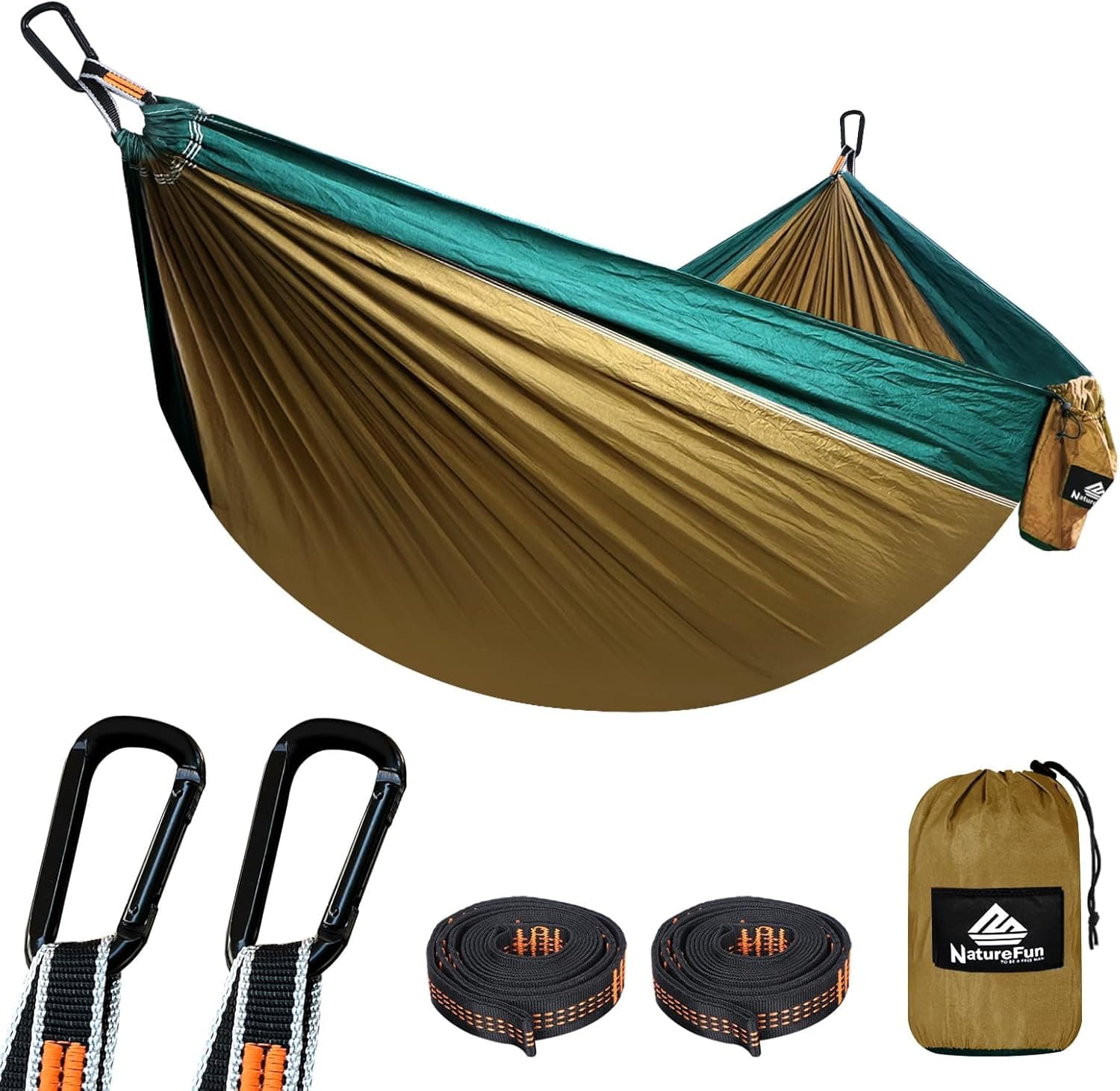 NatureFun Hamaca Ultraligeira | Rede de nylon para campismo e jardim com capacidade até 300 kg, 275 x 140 cm, inclui 2 mosquetões e 2 correias