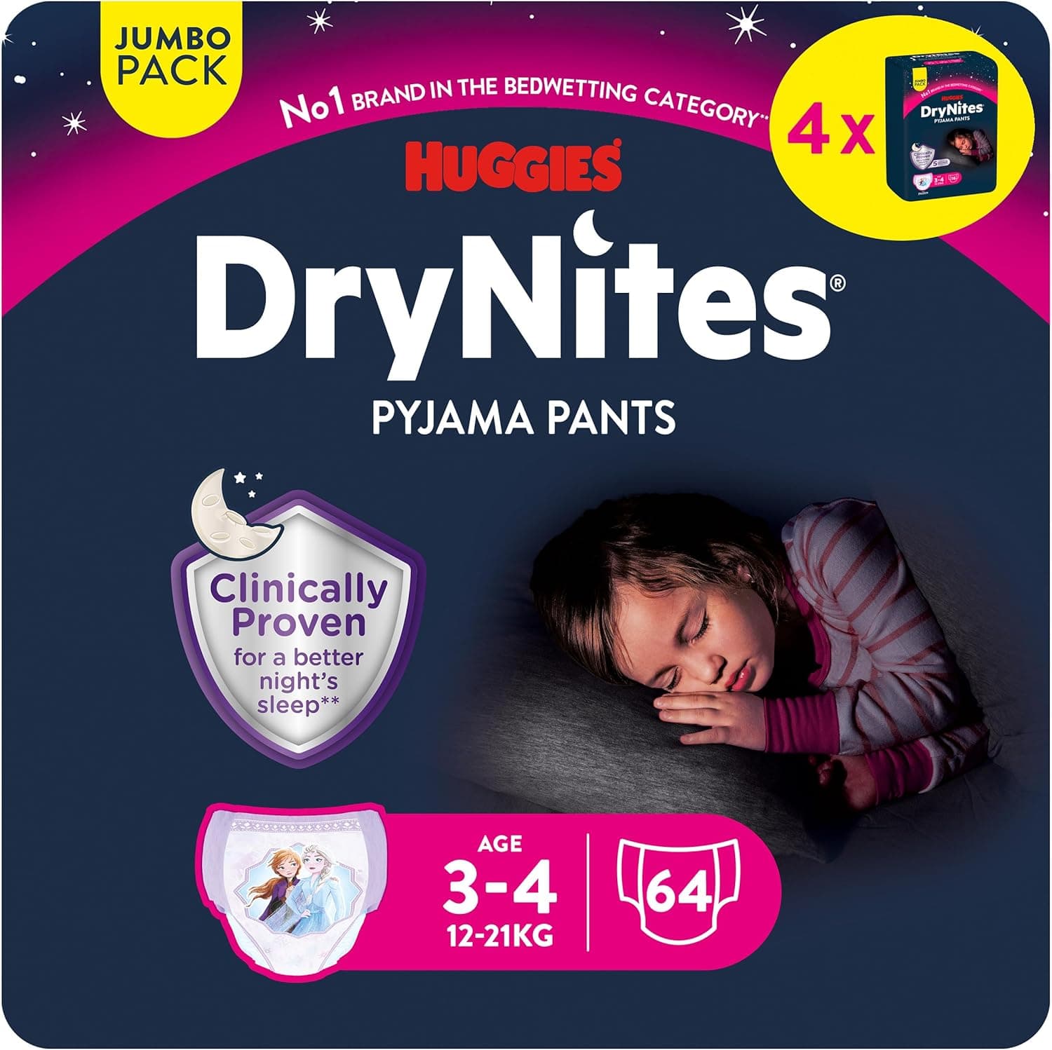 Huggies DryNites Cuecas absorventes menina 3-5 anos (16-23 kg), 4 embalagens x 16 unidades (64 unidades)