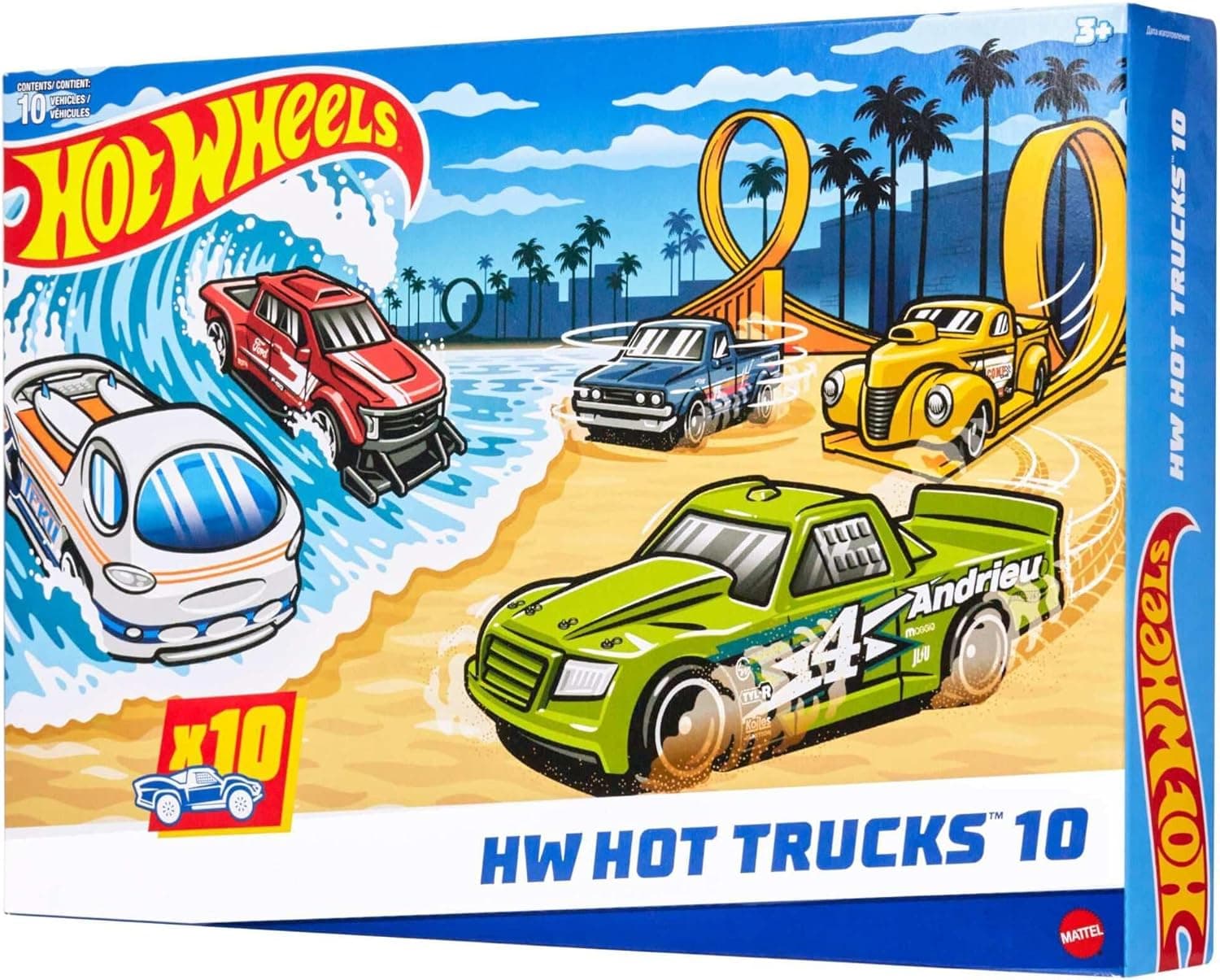 Hot Wheels Pack de 10 camiões, conjunto de carros de brinquedo que inclui camionetas e carpetes, brinquedo + 3 anos (HYM97)