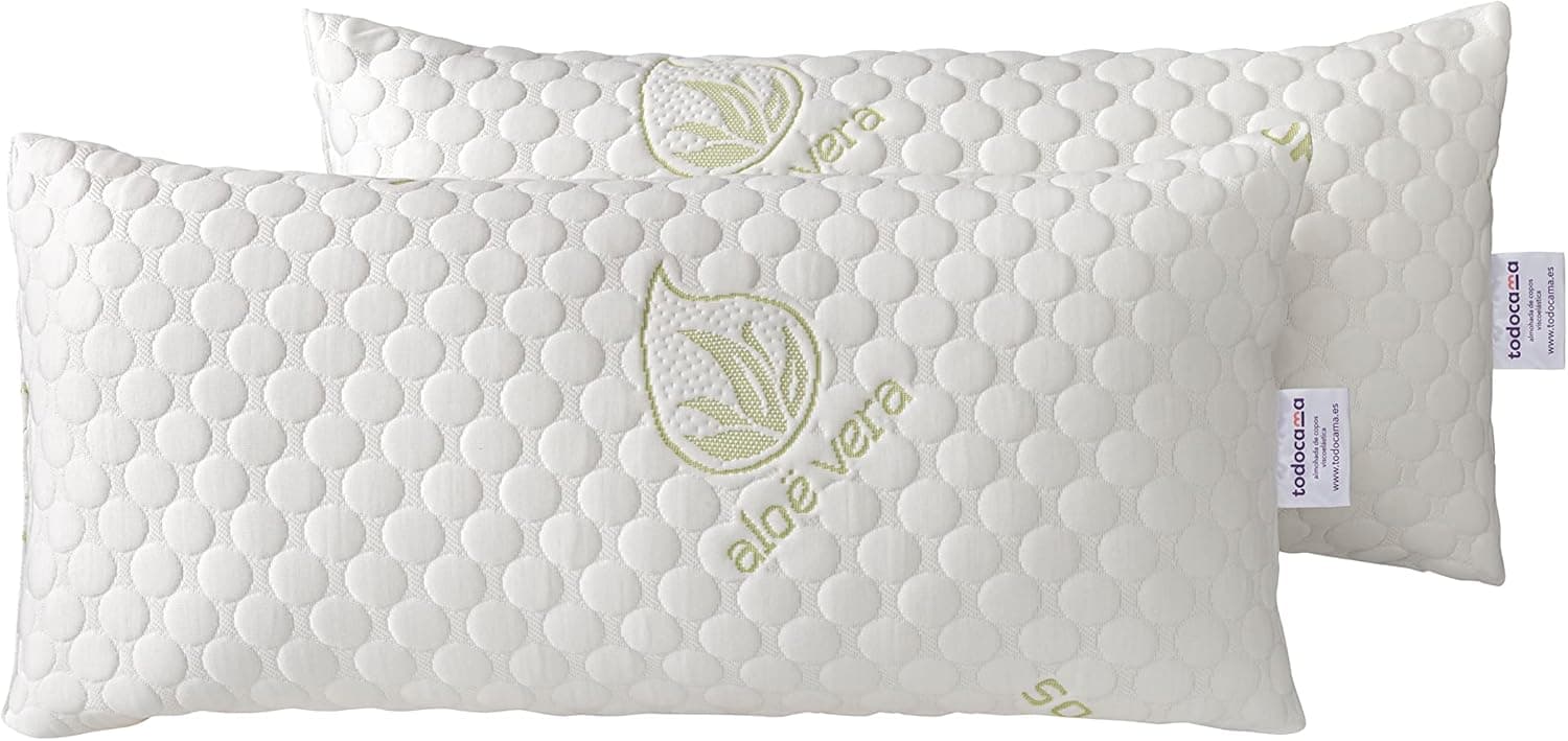 Todocama Almofada viscoelástica Aloe vera com copos 100 % viscoelásticos Tecido Strech Aloe Vera. Termorregulável. Firmeza média-elevada. Fabricado em Espanha.