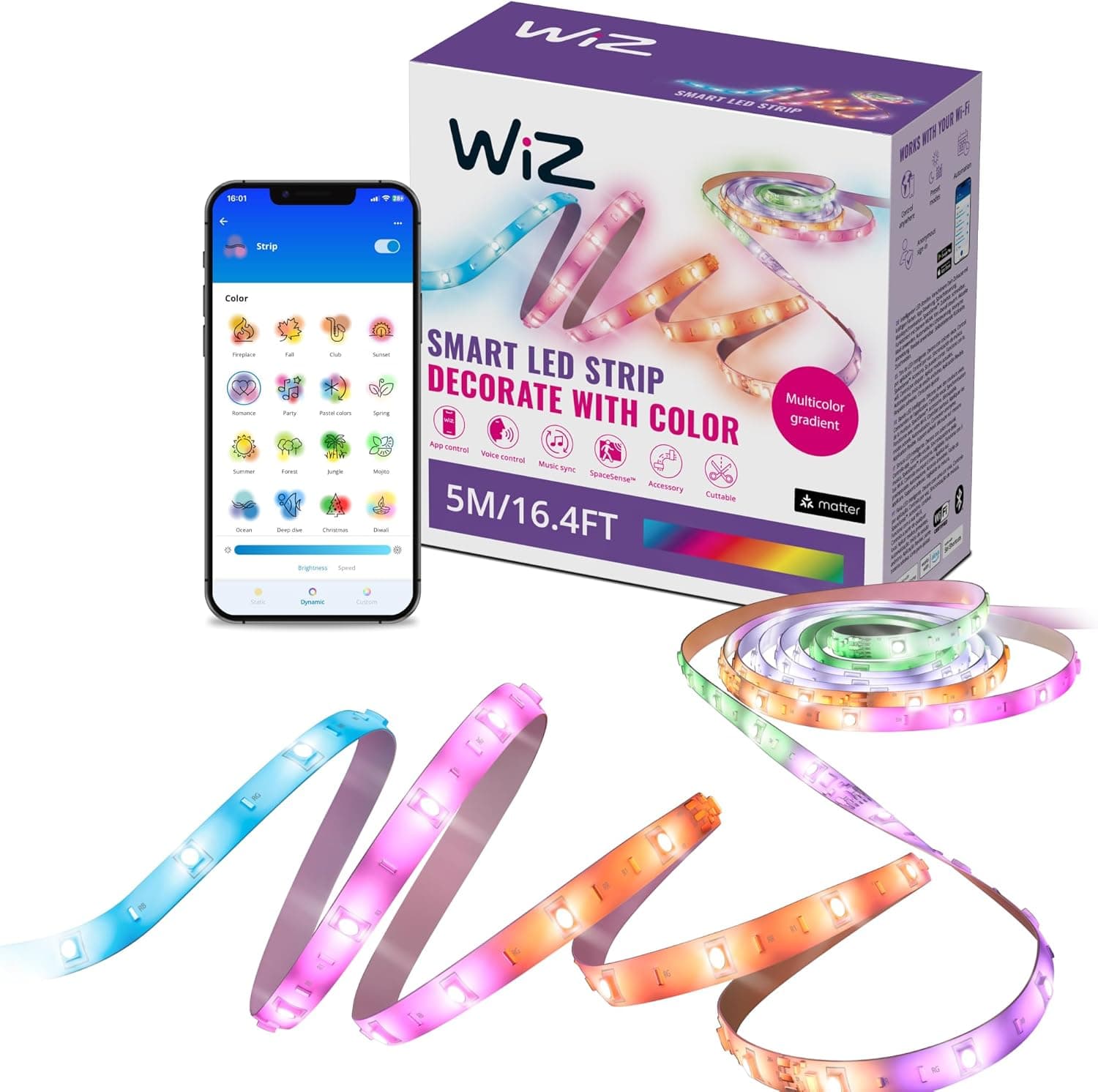 WiZ - Tira LED inteligente 5 m, RGBIC, inclui alimentador, até 16 milhões de cores, conecte-a via WIFI, com tecnologia SpaceSense, controlo via App ou voz e compatível com Alexa e Google Home