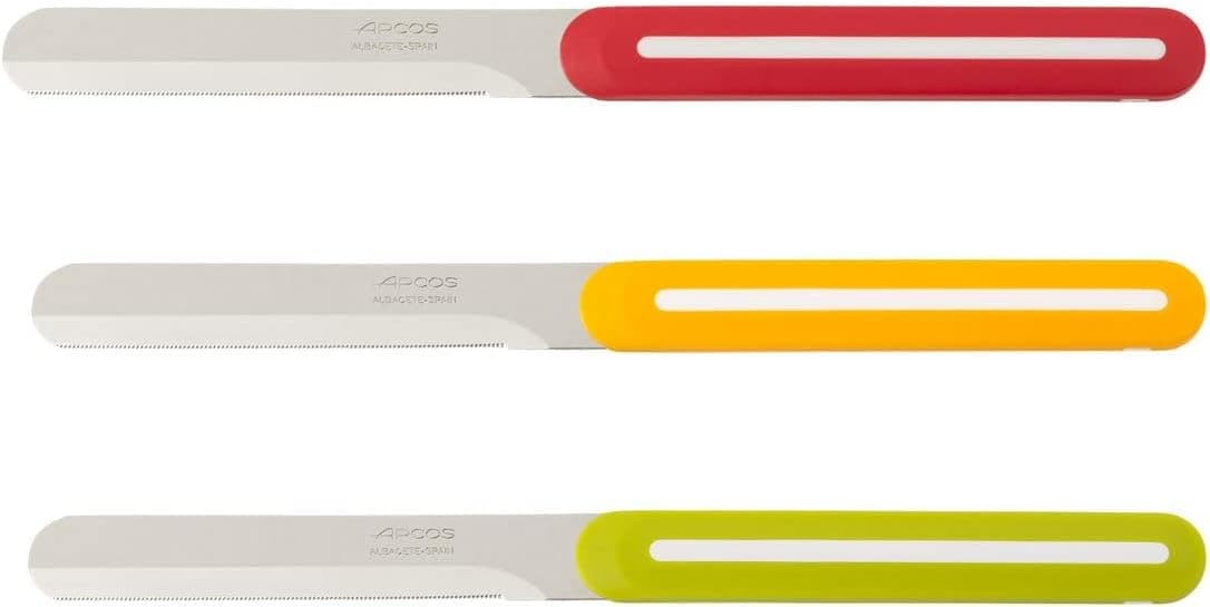 Arcos Conjunto de facas de parede de aço inoxidável, 3 peças. Facas de cozinha coloridas para descascar frutas e legumes. Punho ergonómico polipropileno. Série B-Line. Cor laranja, vermelho e verde.