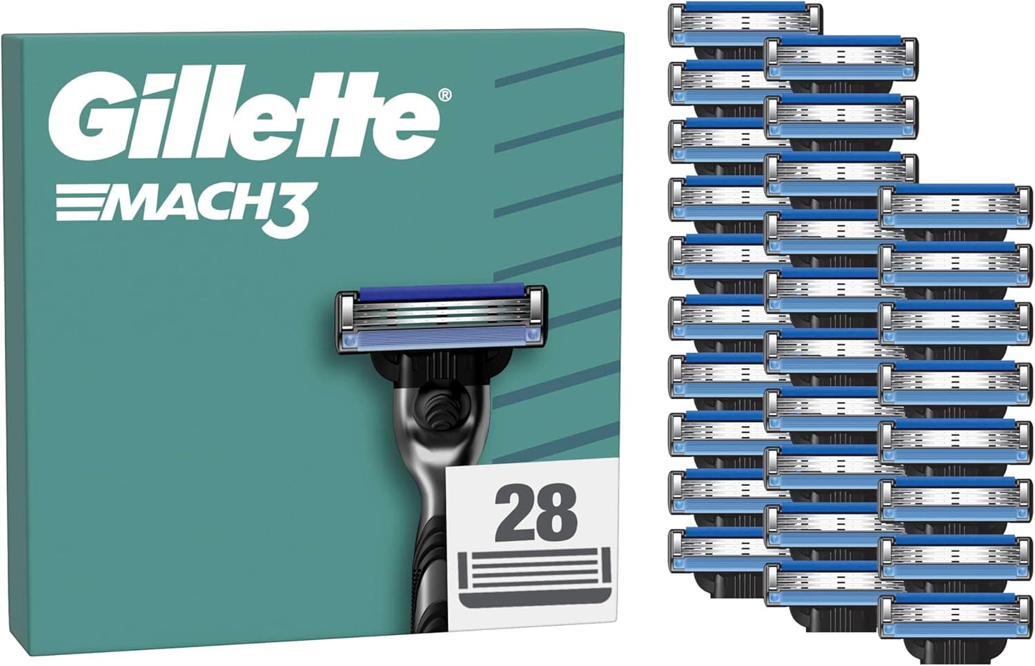 Gillette Mach3 Base Pack de 28 peças sobressalentes para máquinas de barbear para homem, lâminas de barbear com 3 folhas e faixa de lubrificante, compatível com todos os manípulos Mach3