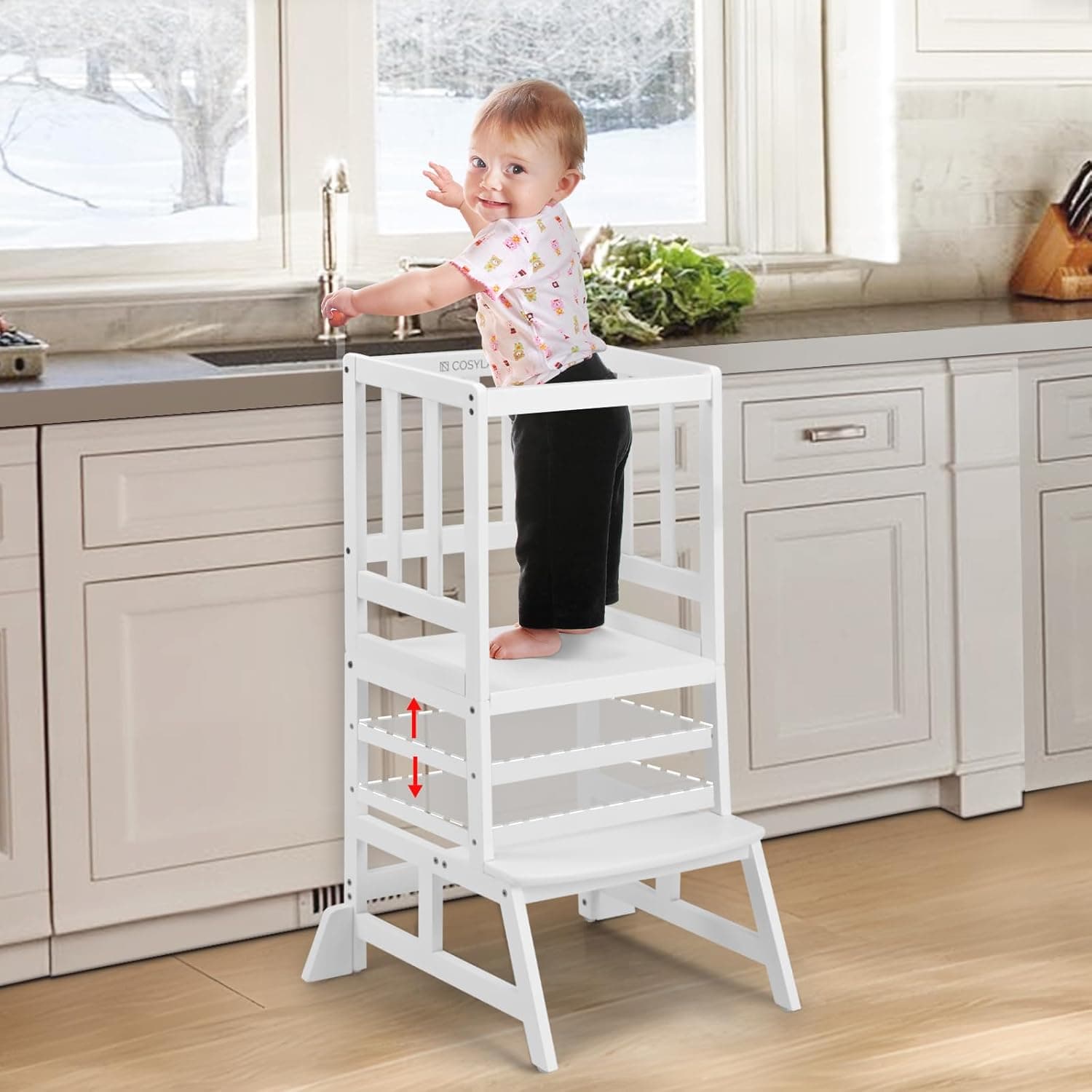 COSYLAND Torre de aprendizagem infantil Montessori - torre de aprendizagem para bebés de 1 a 6 anos - 3 níveis de altura regulável - branco