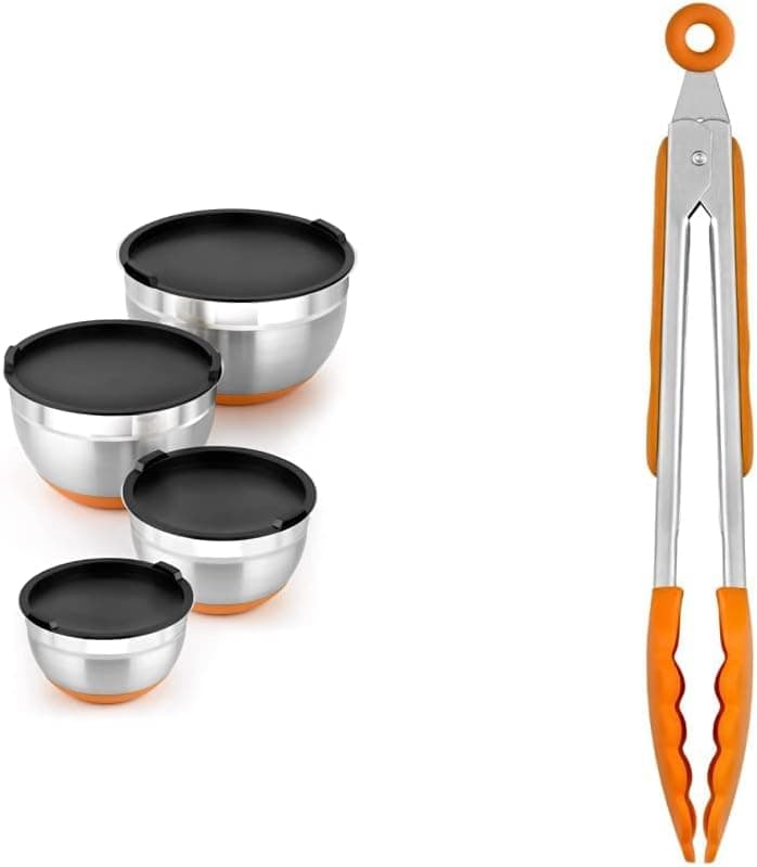 BRA Conjunto de 4 tigelas de aço inoxidável (12-16-20-24 cm) e eficiente pinça de cozinha, aço INOX, nylon e silicone, laranja, 28,5 cm