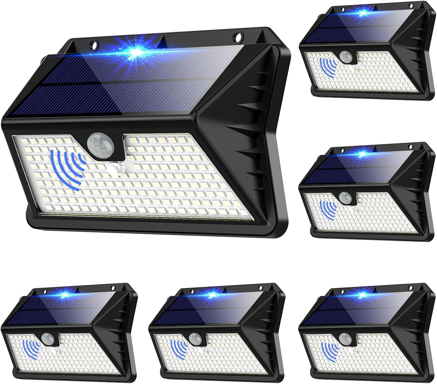Luzes solares LED para exterior e jardim, 6 pacotes LED de 3 modos com holofotes solares exteriores com sensor de movimento, IP65 impermeável para holofotes solares exterior para jardim, garagem, rua