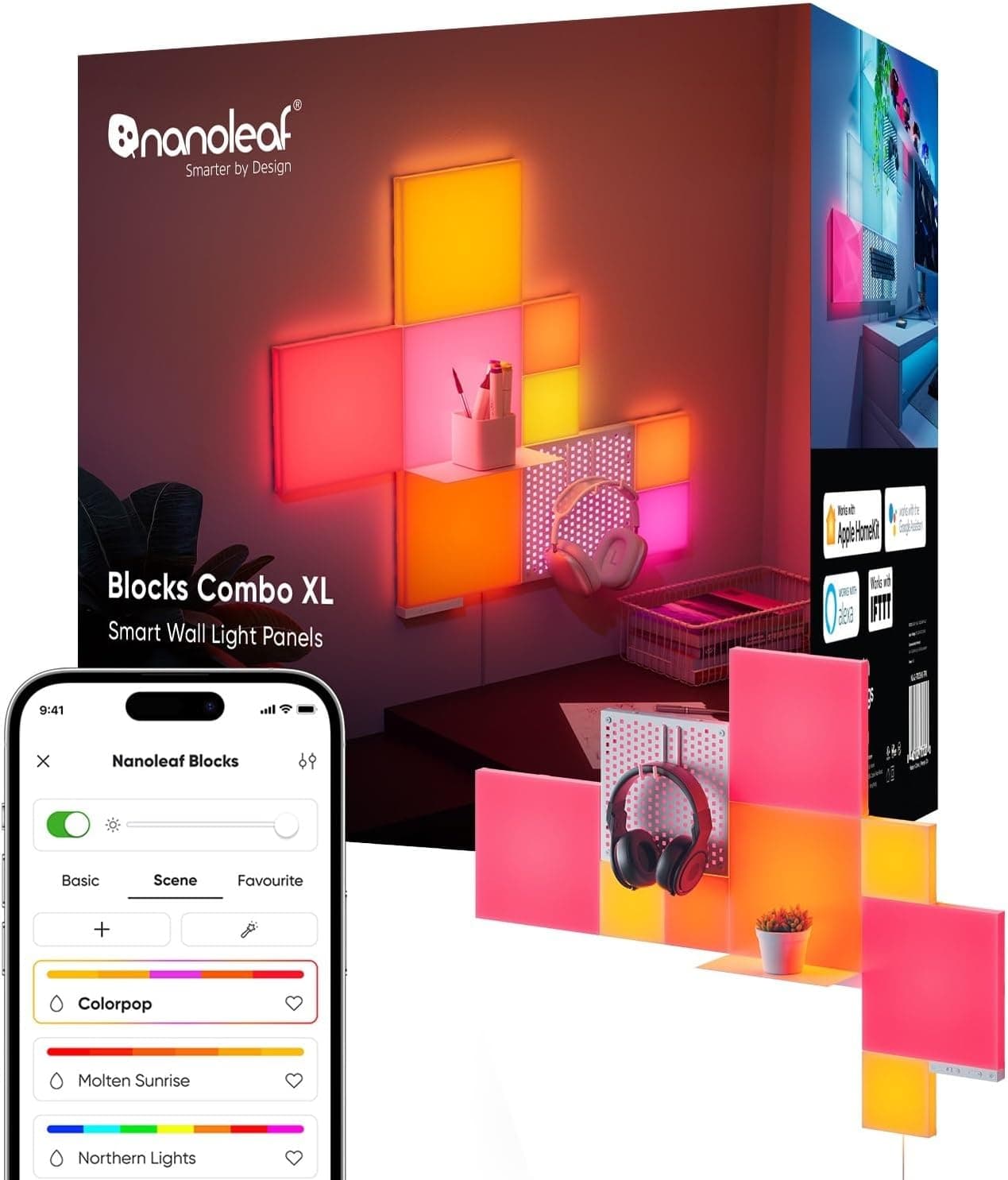 Nanoleaf Blocks Kit de início combinado 10 | quadrados decorativos para parede, painel perfurado, salivas, luz LED RGBW, sincronização com música e ecrã, Thread/WiFi controlo por APP e voz (Alexa,