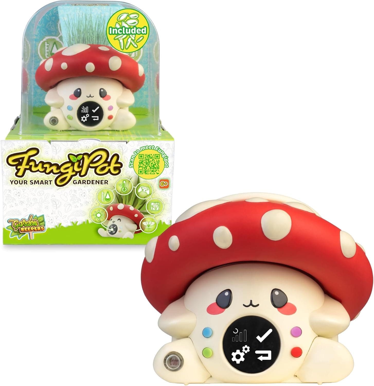 Garden Keepers - FungiPot, Vaso inteligente, animal de estimação digital interativo para cuidar de plantas, sensores de humidade, luz e temperatura, jogos digitais, inclui substrato e sementes, famosa