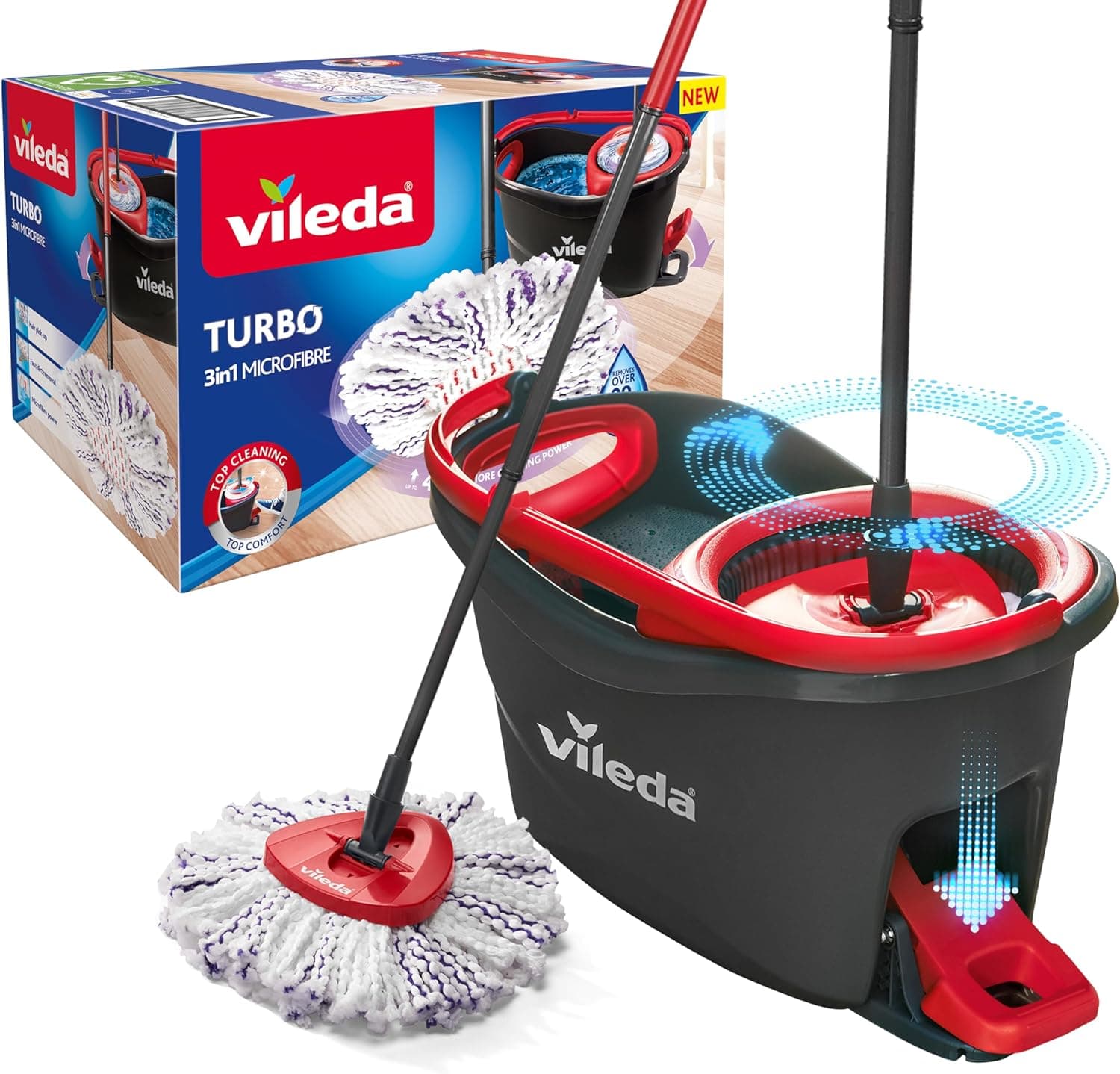 Vileda Turbo 3 em 1 Mopa de chão com escorredor giratório e cubo com pedal | cabo telescópico 85-123 cm, cabeça de microfibra, sustentável, Love it Clean