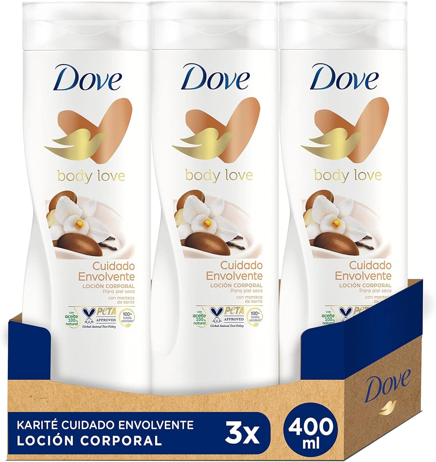 Dove loção corporal Karité para pele seca de 400 ml, embalagem 3